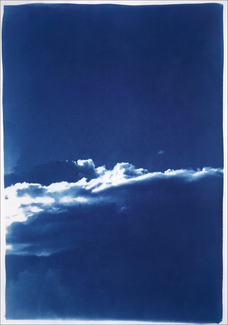 Blue Tones Triptych of Serene Cloudy Sky, Handmade Cyanotype Print on Paper 2021 4