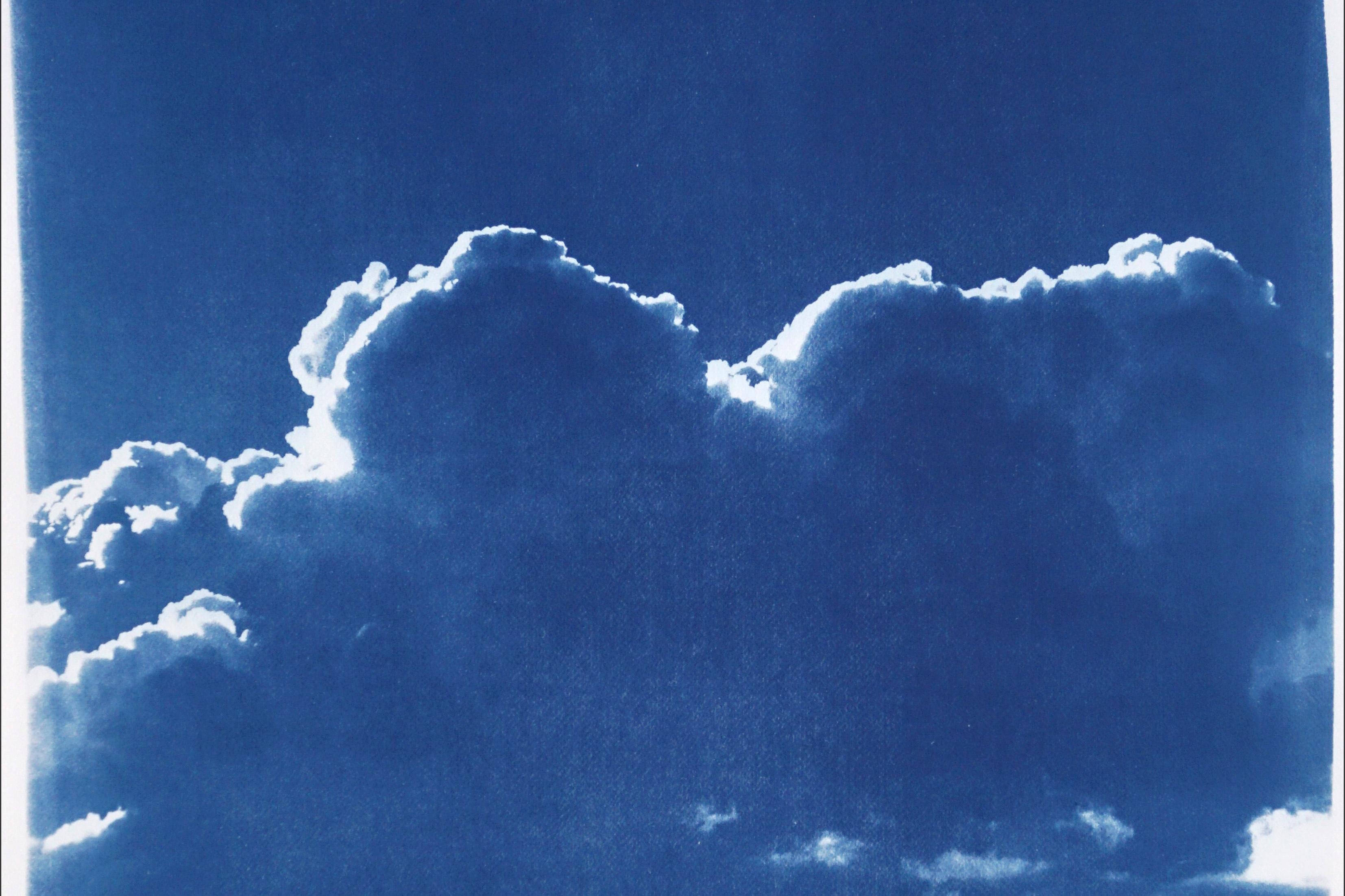 Blue Tones Triptych of Serene Cloudy Sky, Handmade Cyanotype Print on Paper 2021 5