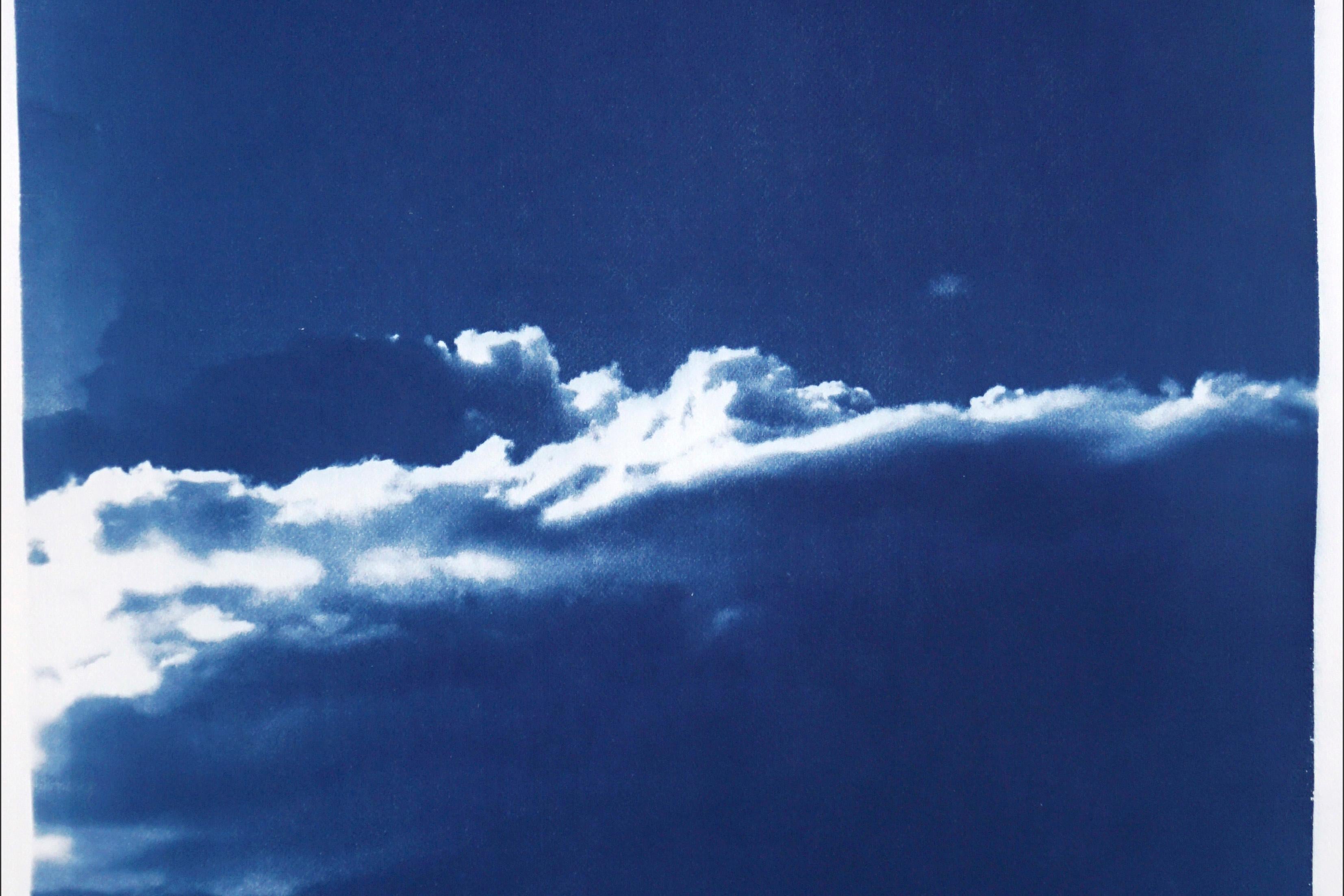 Blue Tones Triptych of Serene Cloudy Sky, Handmade Cyanotype Print on Paper 2021 6