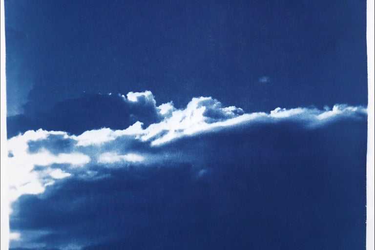 Blue Tones Triptych of Serene Cloudy Sky, Handmade Cyanotype Print on Paper 2021 9