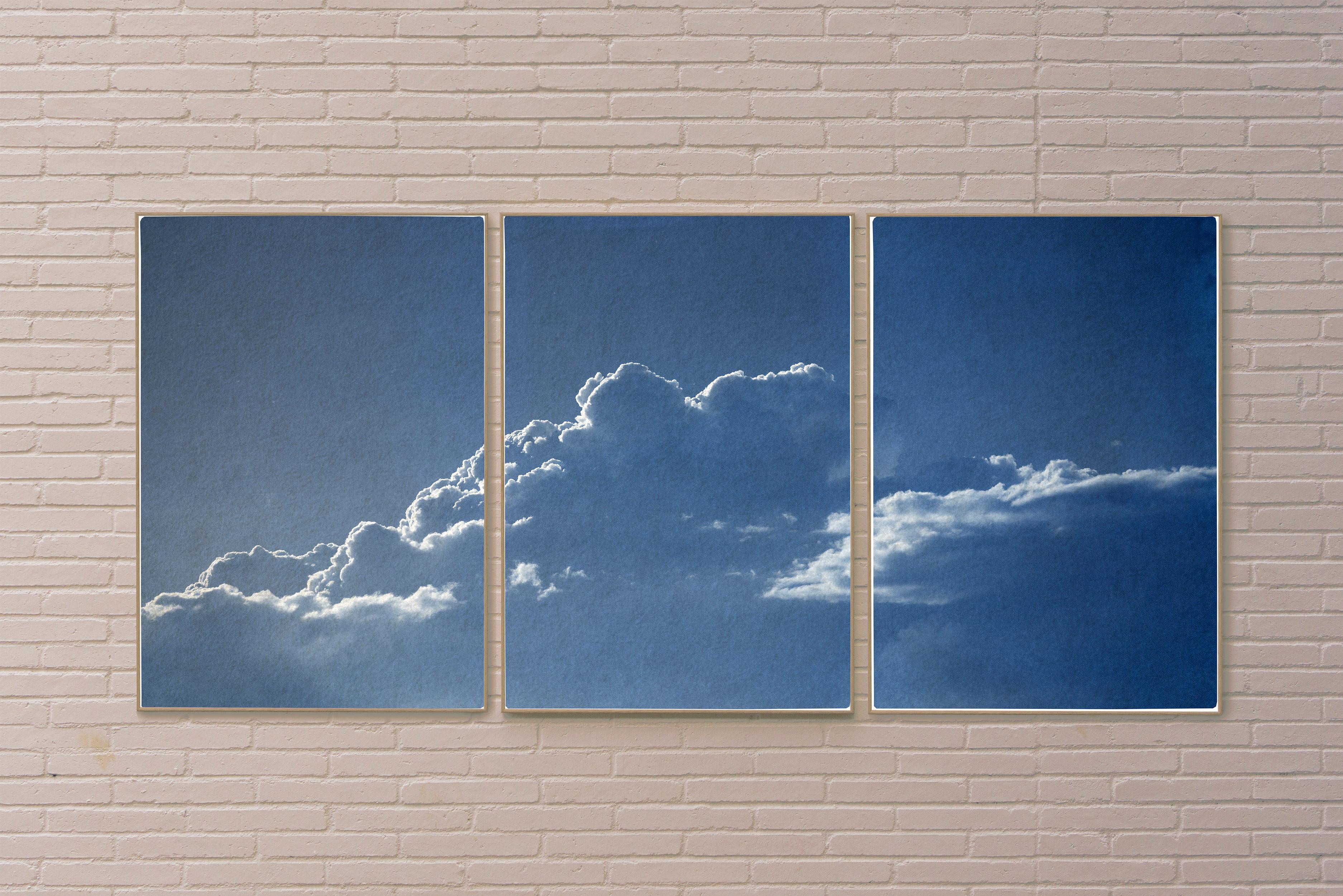 Blue Tones Triptych of Serene Cloudy Sky, Handmade Cyanotype Print on Paper 2021 - Painting by Kind of Cyan