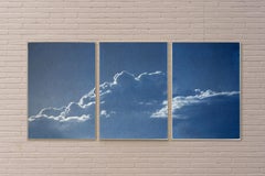 Blue Tones Triptych of Serene Cloudy Sky, Handmade Cyanotype Print on Paper 2021