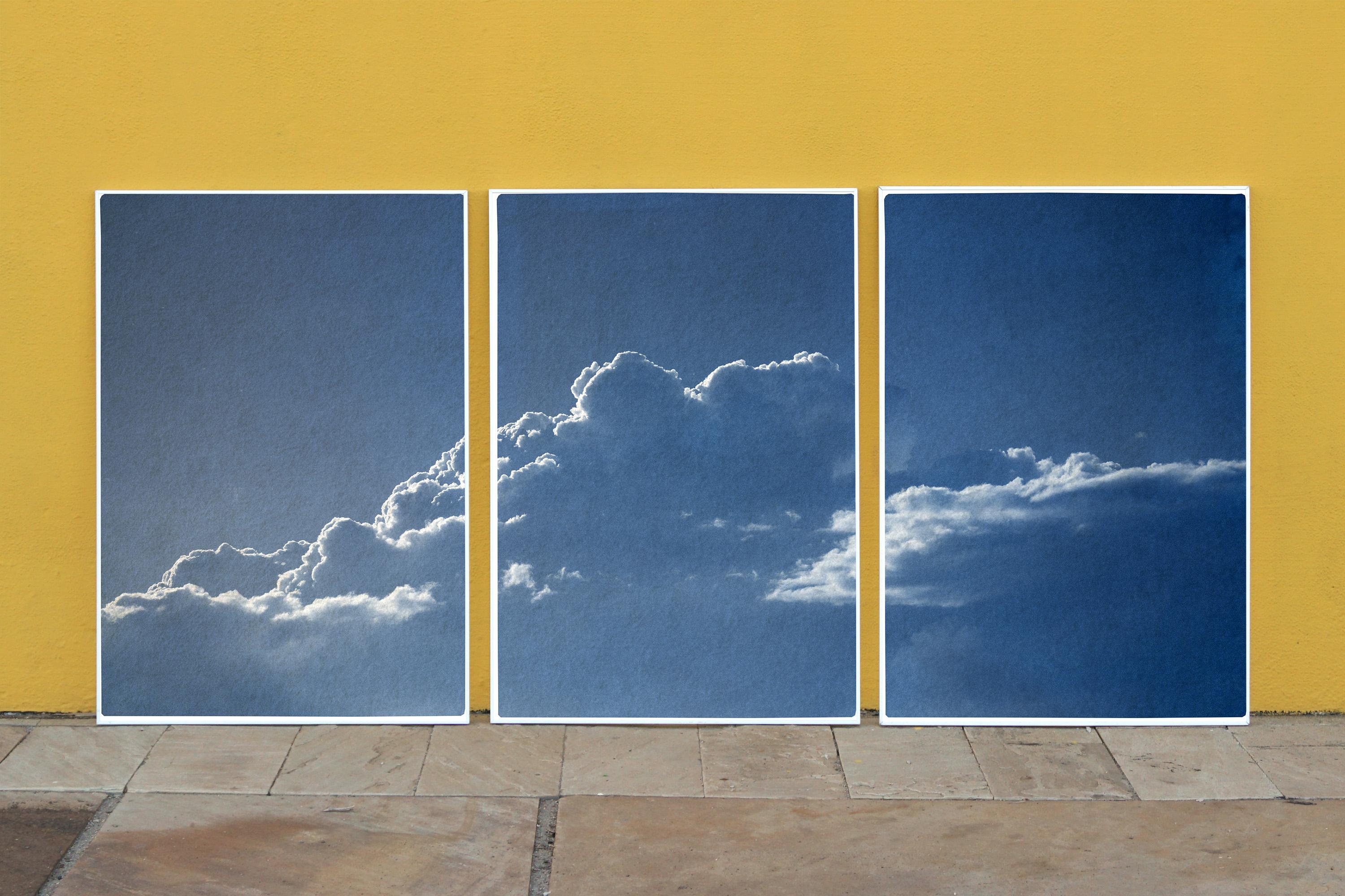 Blue Tones Triptych of Serene Cloudy Sky, Handmade Cyanotype Print on Paper 2021 3