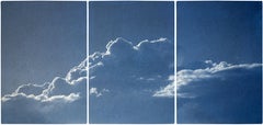 Blue Tones Triptych of Serene Cloudy Sky, Handmade Cyanotype Print on Paper 2021