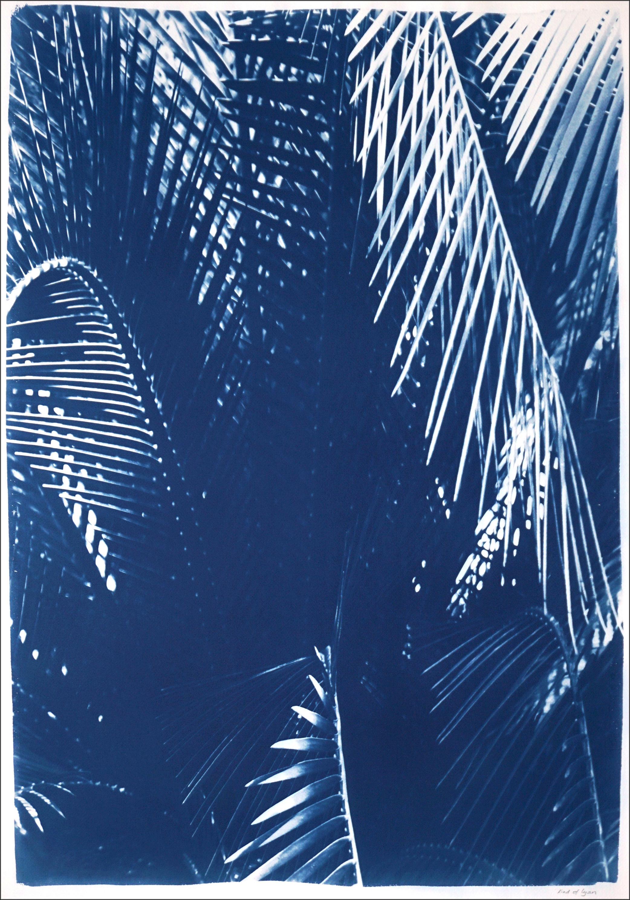 Botanical Triptych Cyanotype Print of Shady Majesty Palm Leaves Garden in Blue  - Naturalistic Painting by Kind of Cyan