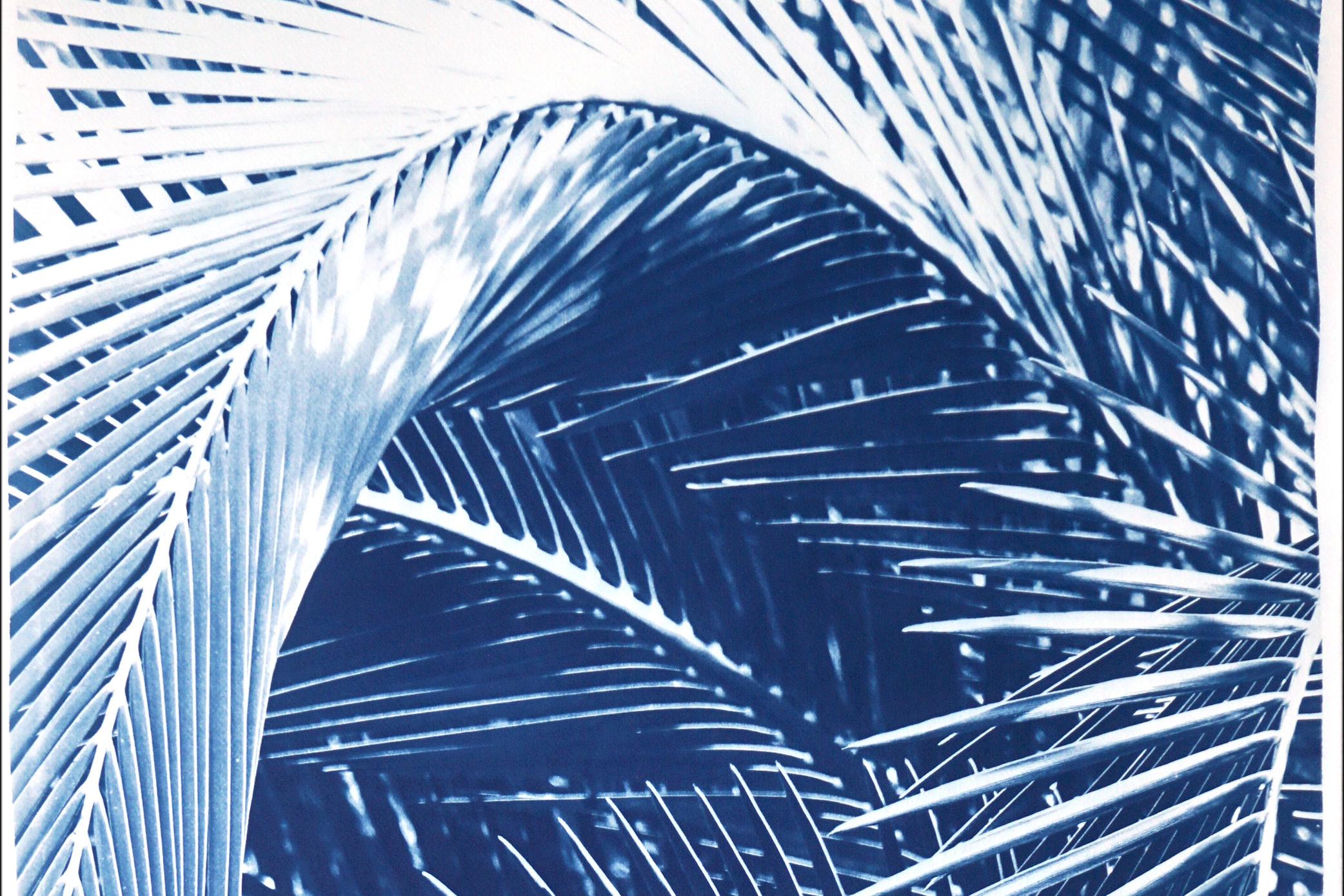Triptyque botanique imprimé cyanotype de feuilles de palmier majestueuses en bleu  en vente 1