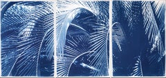 Botanical Triptych Cyanotype Print of Shady Majesty Palm Leaves Garden in Blue 