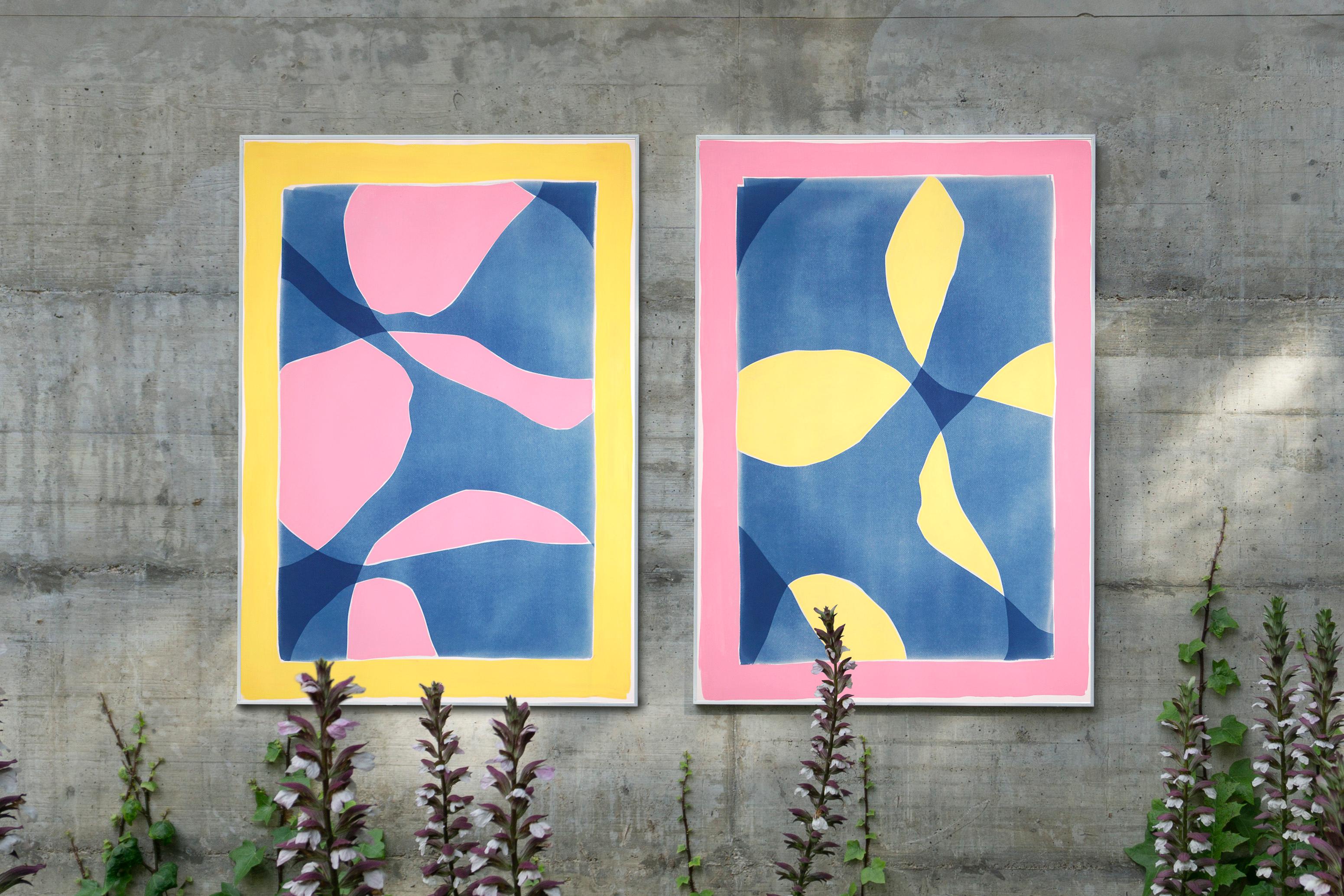 CMYK, Mixed Media Abstract Diptych of Smooth Curves in Pink, Yellow and Blue - Painting by Kind of Cyan
