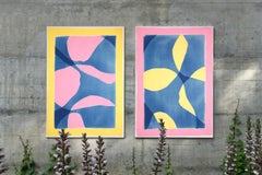 CMYK, Mixed Media Abstract Diptych of Smooth Curves in Pink, Yellow and Blue