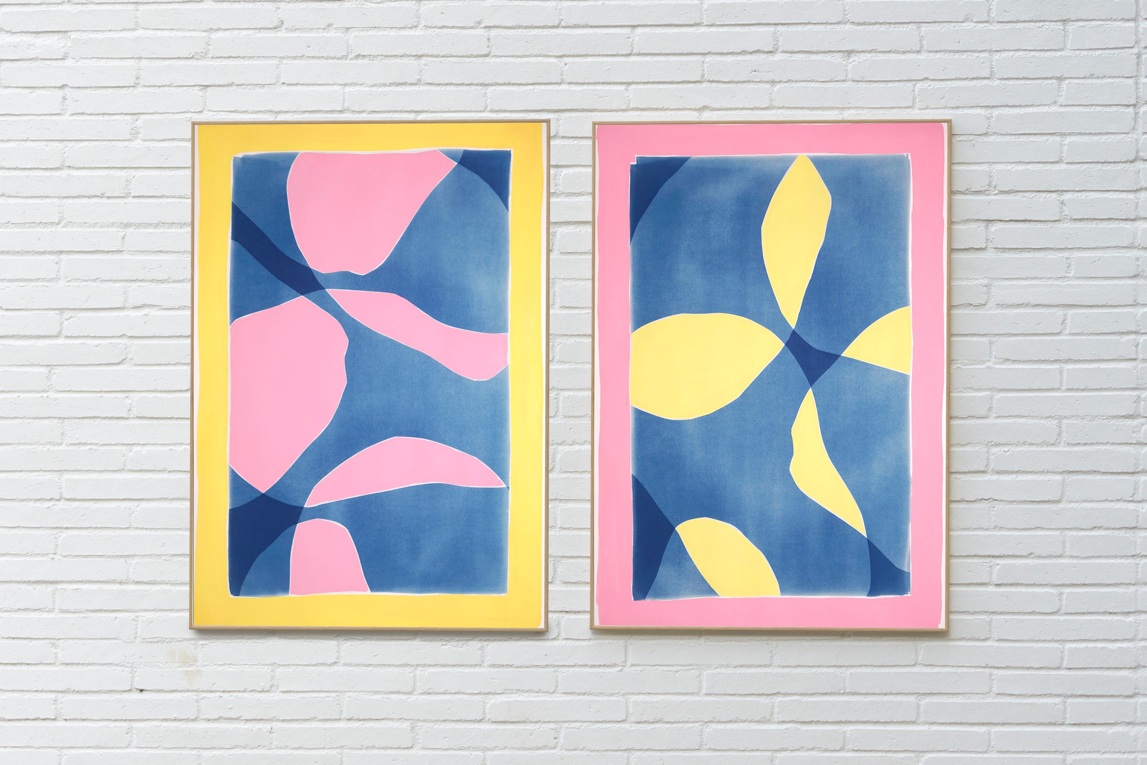 CMYK, Mixed Media Abstract Diptych of Smooth Curves in Pink, Yellow and Blue - Abstract Geometric Painting by Kind of Cyan
