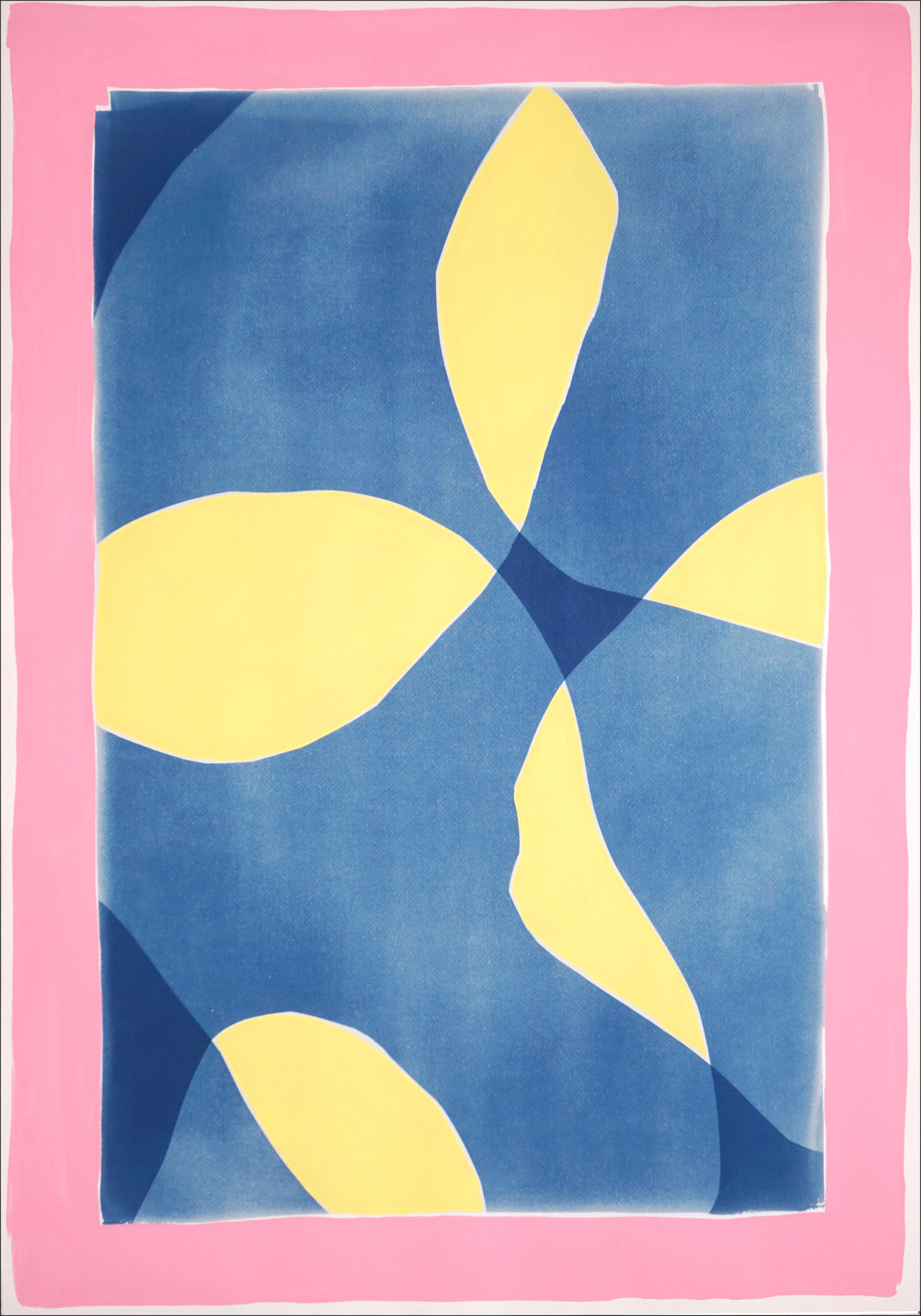 CMYK, Mixed Media Abstract Diptych of Smooth Curves in Pink, Yellow and Blue 1