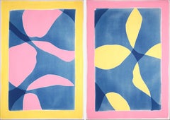CMYK, Mixed Media Abstract Diptych of Smooth Curves in Pink, Yellow and Blue