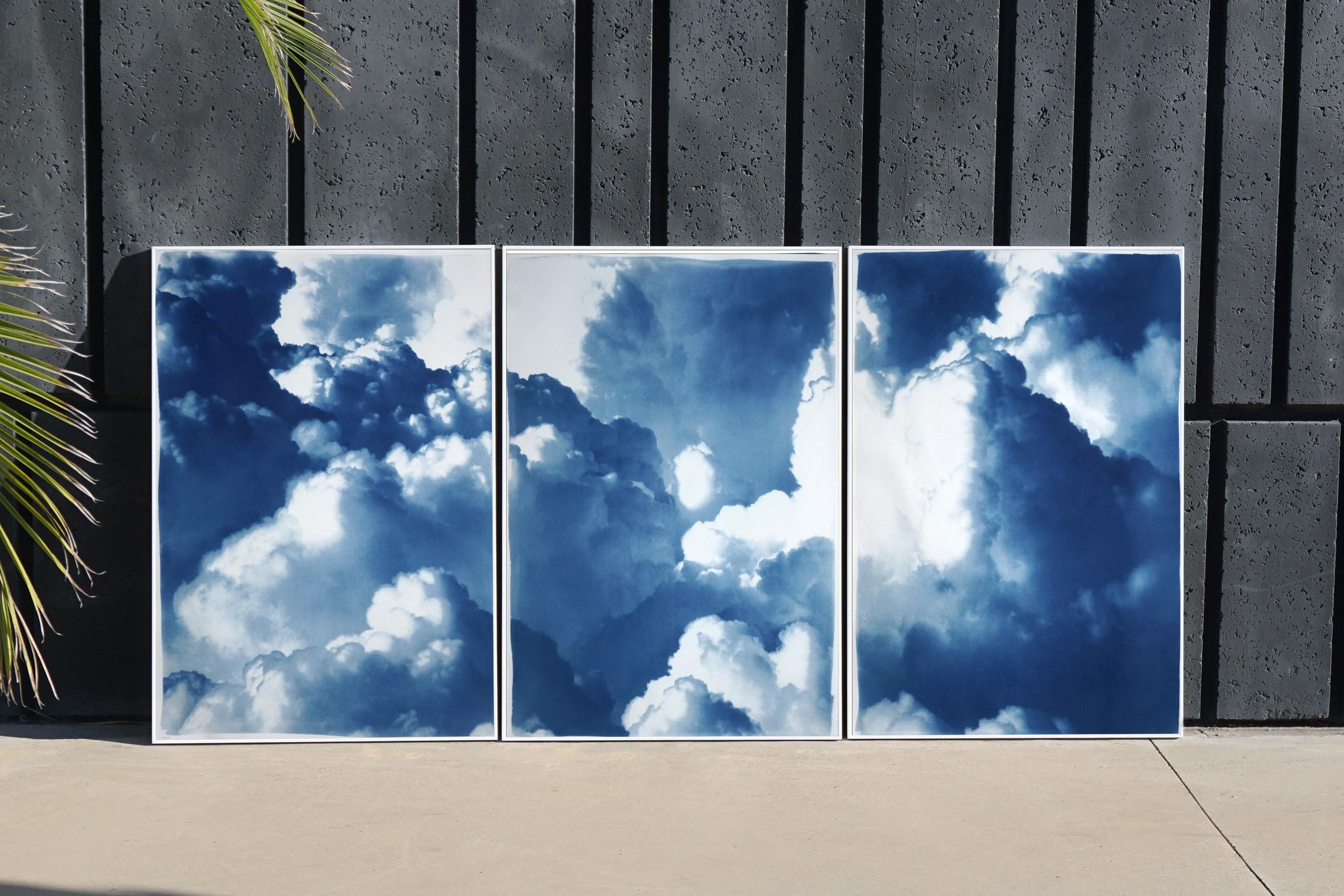 Dense Rolling Clouds, Blue Sky Landscape Triptych, Handmade Cyanotype on Paper 3