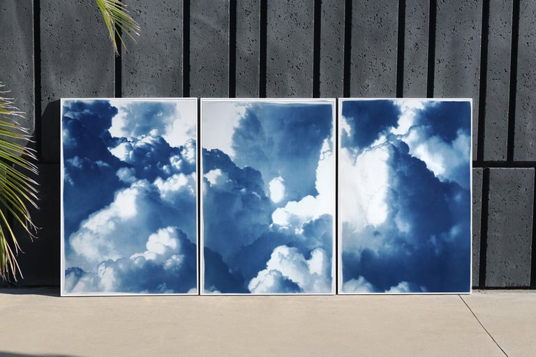 Dense Rolling Clouds, Blue Sky Landscape Triptych, Handmade Cyanotype on Paper For Sale 6