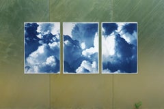 Dense Rolling Clouds, Blue Sky Landscape Triptych, Handmade Cyanotype on Paper