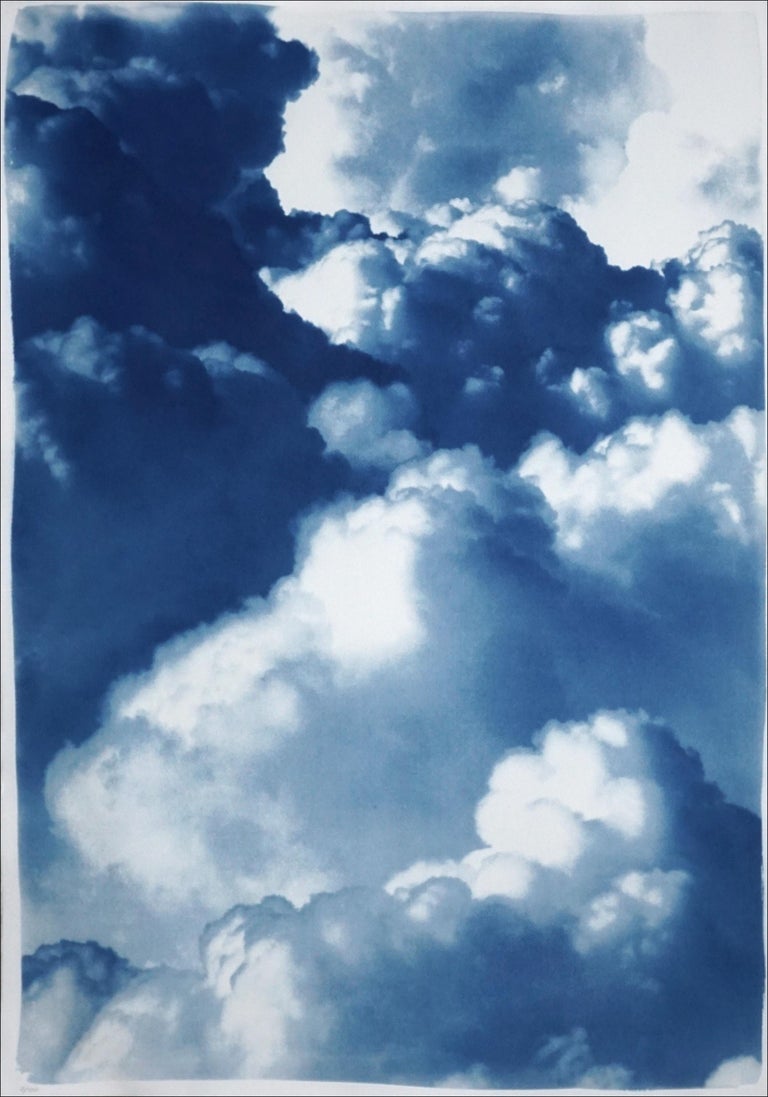 Dense Rolling Clouds, Blue Sky Landscape Triptych, Handmade Cyanotype on Paper - Naturalistic Painting by Kind of Cyan