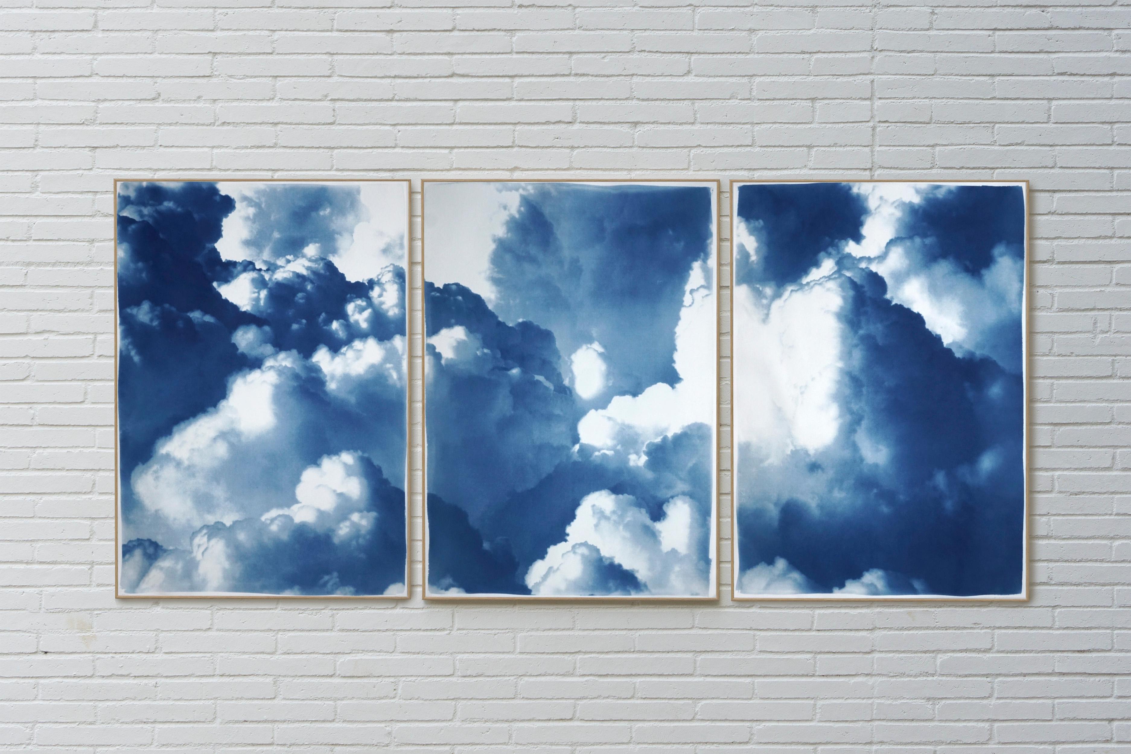 Dense Rolling Clouds, Blue Sky Landscape Triptych, Handmade Cyanotype on Paper - Naturalistic Painting by Kind of Cyan
