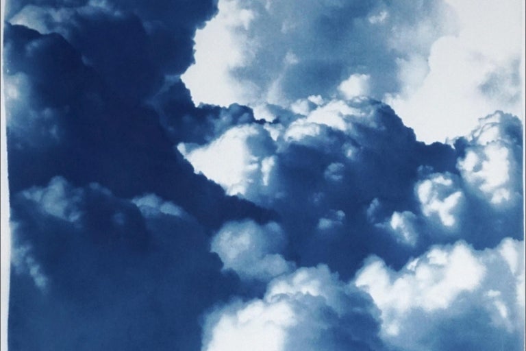 Dense Rolling Clouds, Blue Sky Landscape Triptych, Handmade Cyanotype on Paper For Sale 4