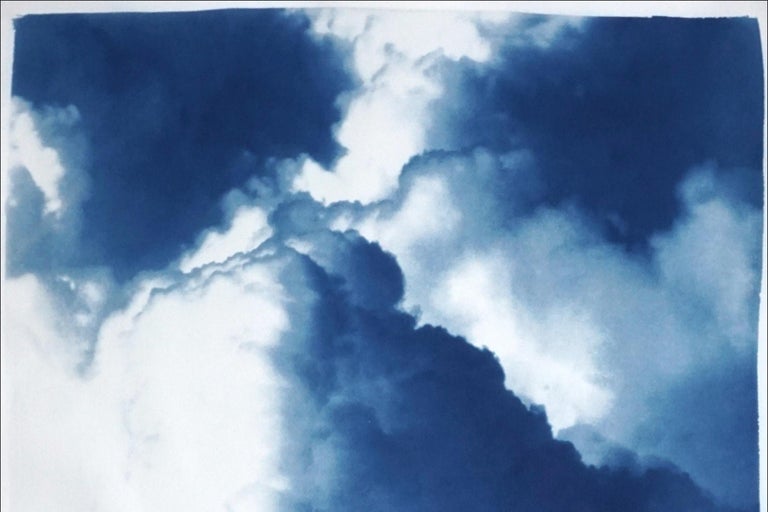 Dense Rolling Clouds, Blue Sky Landscape Triptych, Handmade Cyanotype on Paper For Sale 5