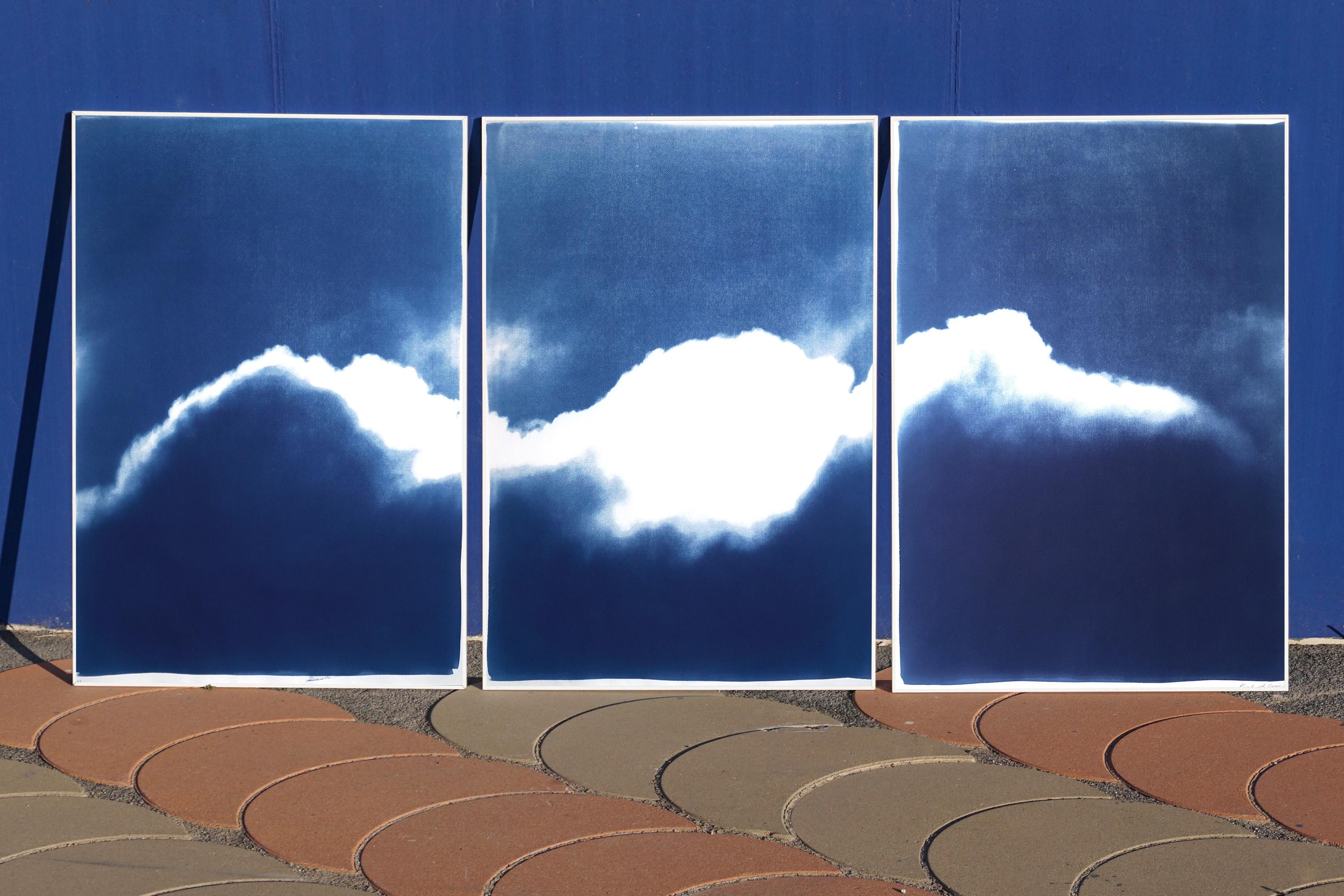 Extra Large Triptych of Waves of Clouds, Blue Tones Cyanotype Print, Cloudy Sky 9