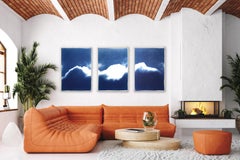 Extra Large Triptych of Waves of Clouds, Blue Tones Cyanotype Print, Cloudy Sky
