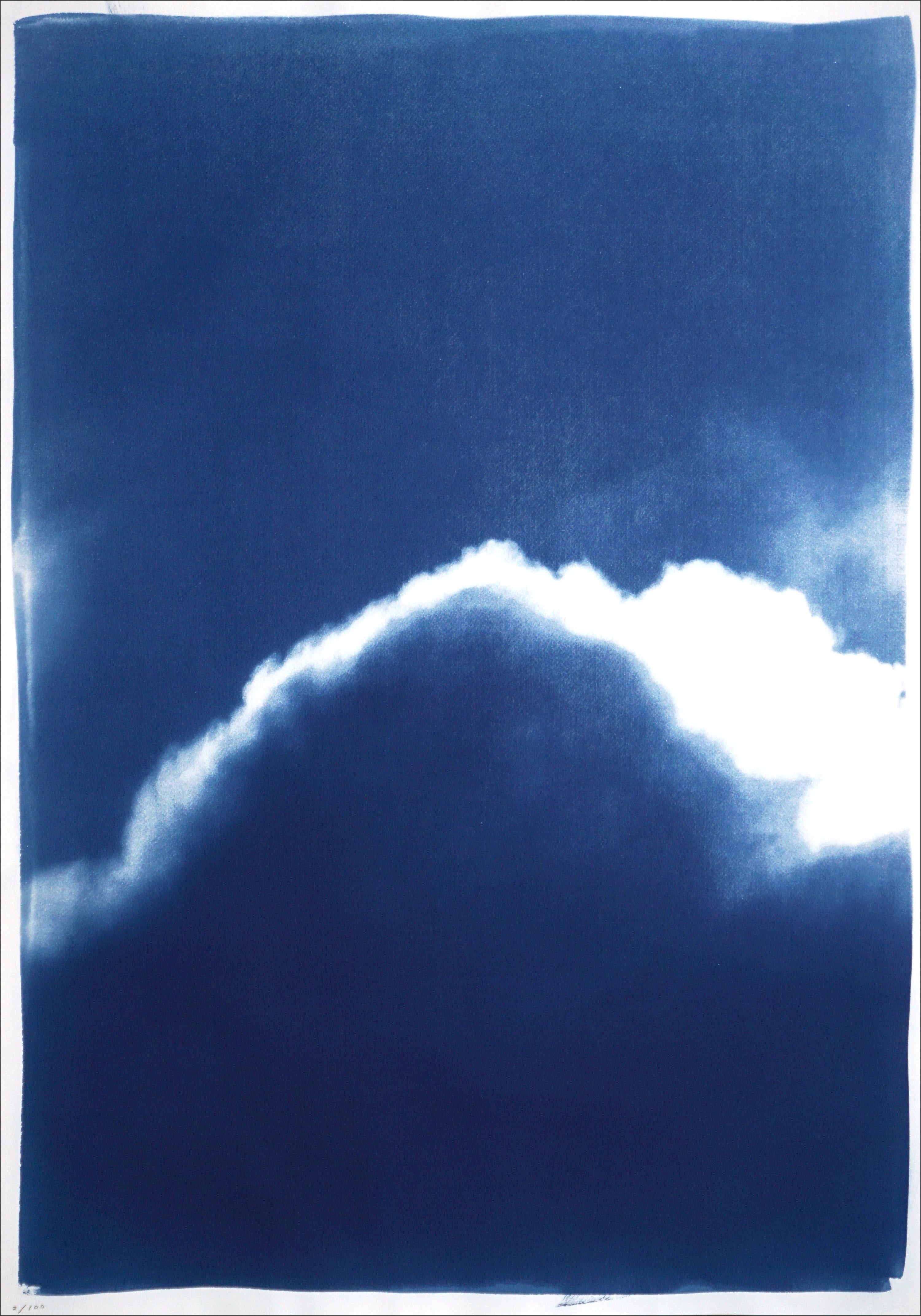 Extra Large Triptych of Waves of Clouds, Blue Tones Cyanotype Print, Cloudy Sky 1