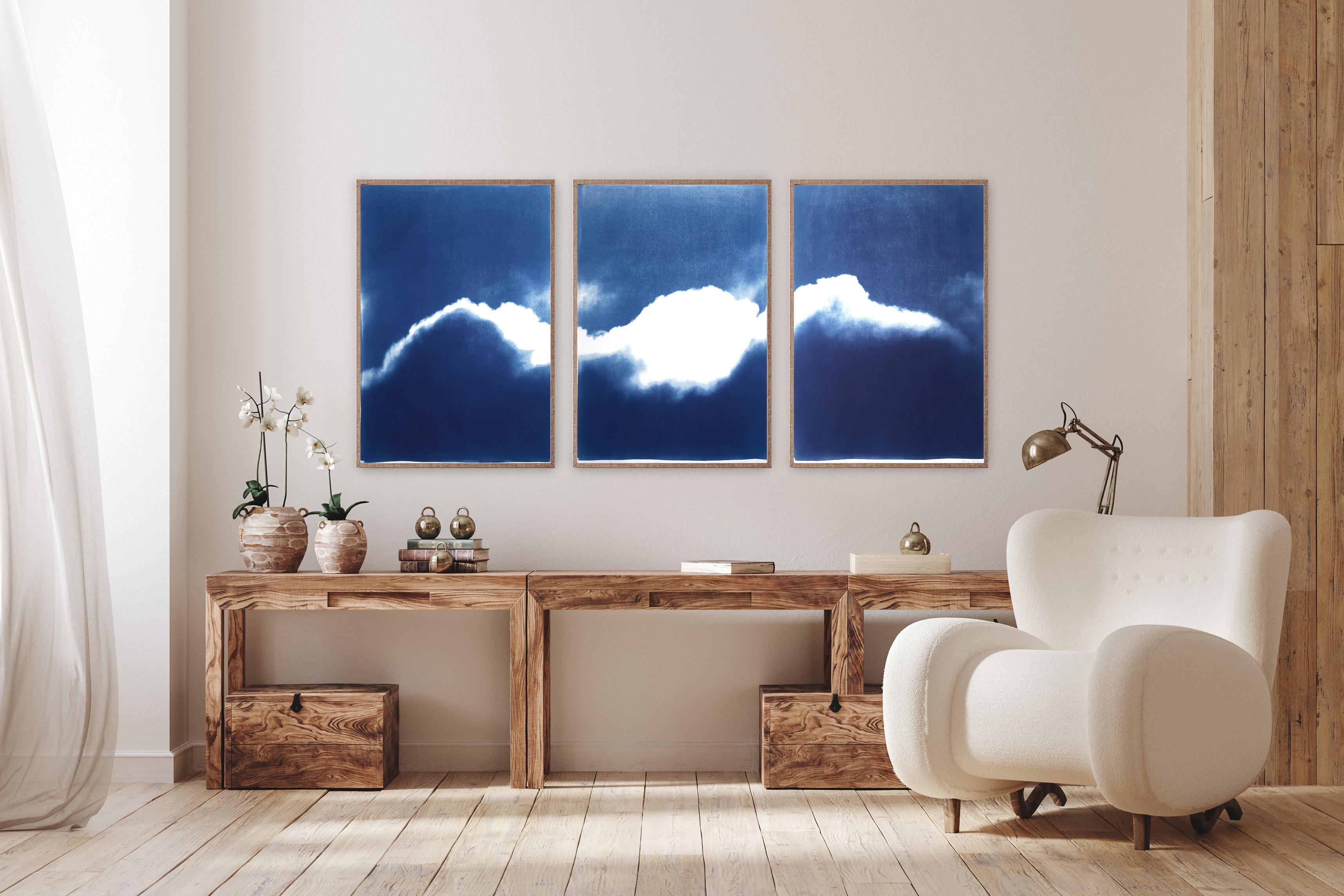Extra Large Triptych of Waves of Clouds, Blue Tones Cyanotype Print, Cloudy Sky 4