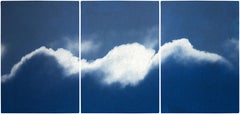 Extra Large Triptych of Waves of Clouds, Blue Tones Cyanotype Print, Cloudy Sky