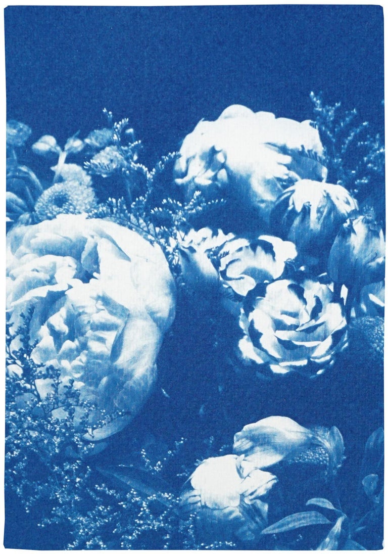 Floral Triptych of Large Floral Bouquet, Botanical Cyanotype in Classic Blue  For Sale 1