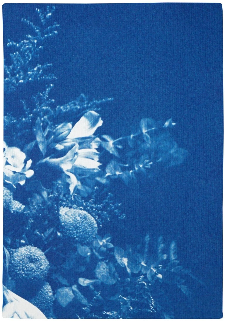 Floral Triptych of Large Floral Bouquet, Botanical Cyanotype in Classic Blue  For Sale 2