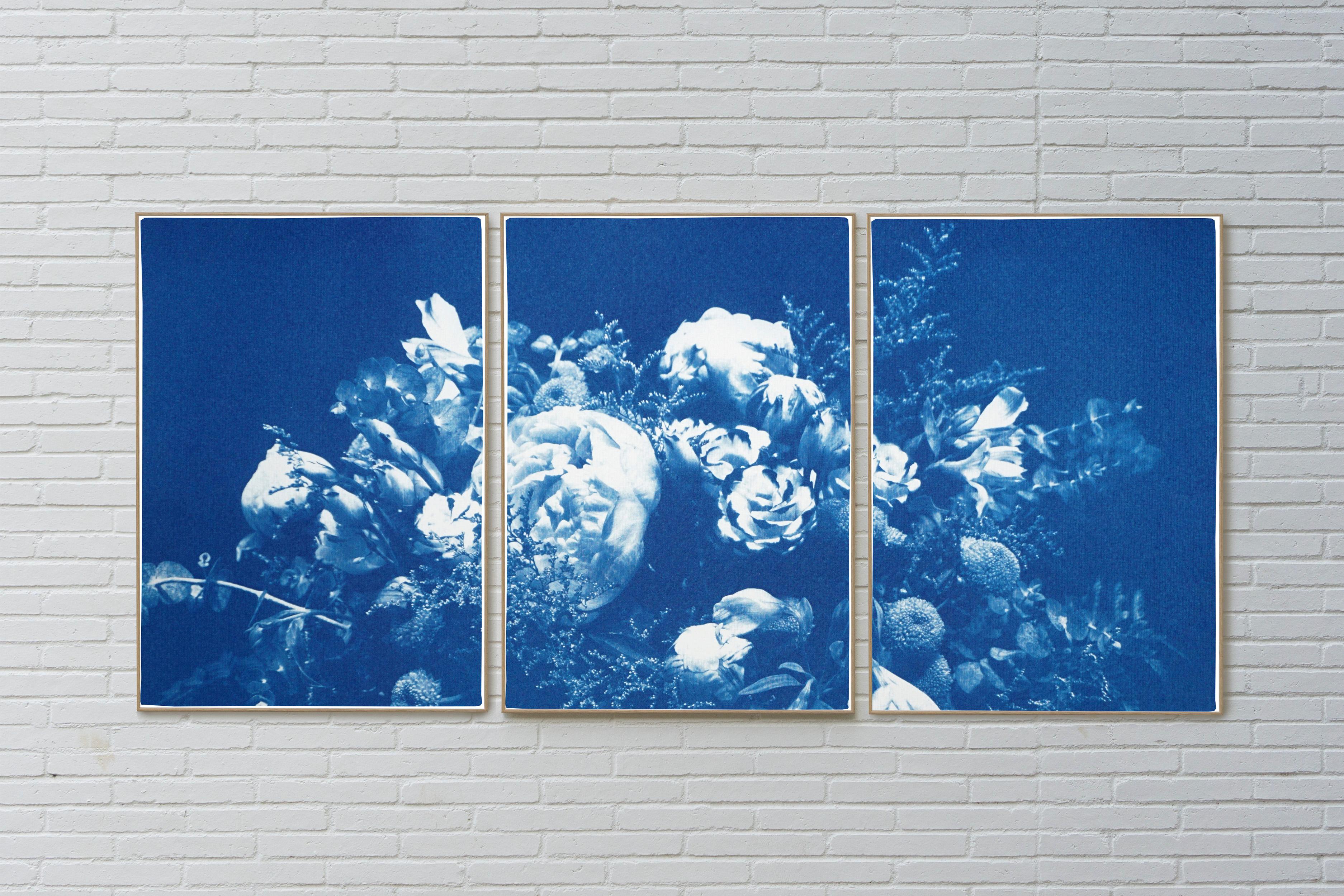 This series of cyanotype triptychs showcases the beauty of nature scenes, including stunning beaches and oceans, as well as the intricate textures of water, forests, and skies. These triptychs are large pieces that feature lush blues, making them an