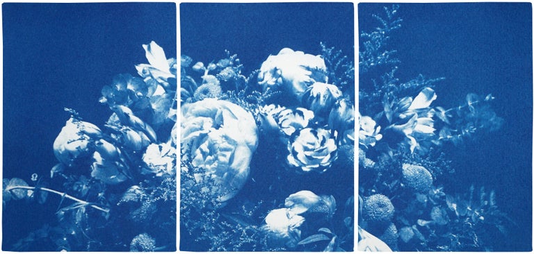 Kind of Cyan Landscape Painting - Floral Triptych of Large Floral Bouquet, Botanical Cyanotype in Classic Blue 