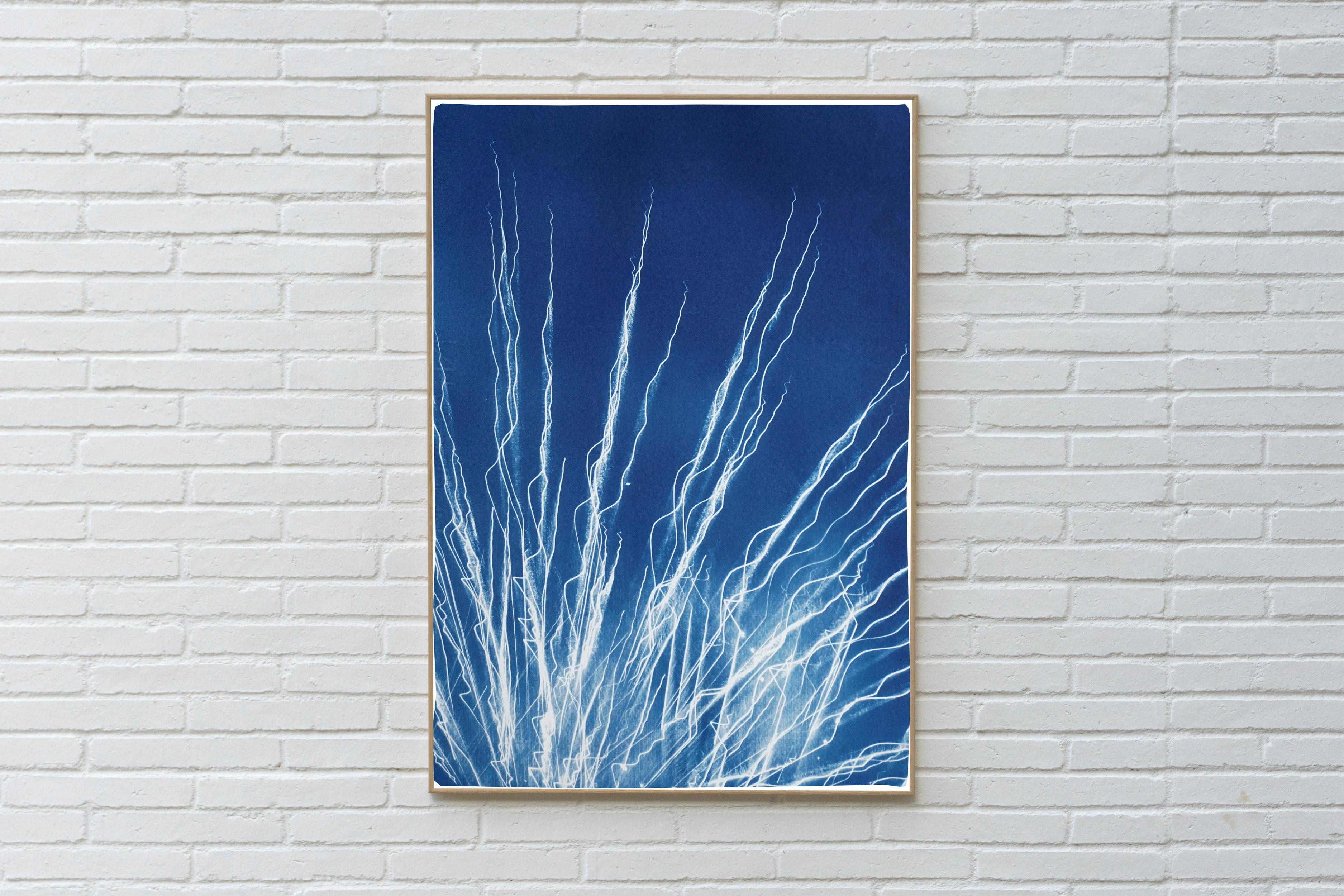 Glowing Fireworks Lights, Blue and White Contemporary Cyanotype on Paper, 2020 - Painting by Kind of Cyan