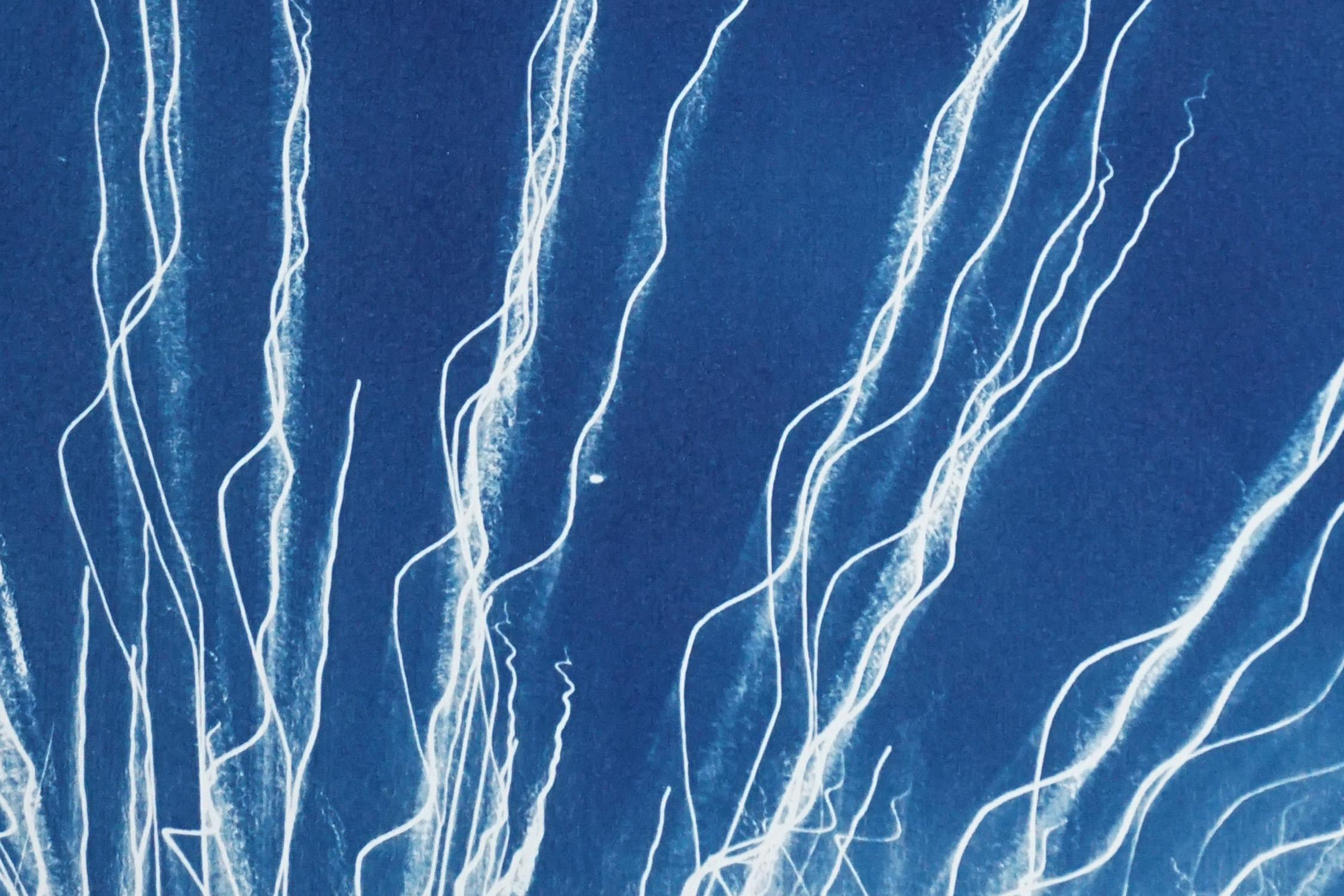 Glowing Fireworks Lights, Blue and White Contemporary Cyanotype on Paper, 2020 - Abstract Painting by Kind of Cyan