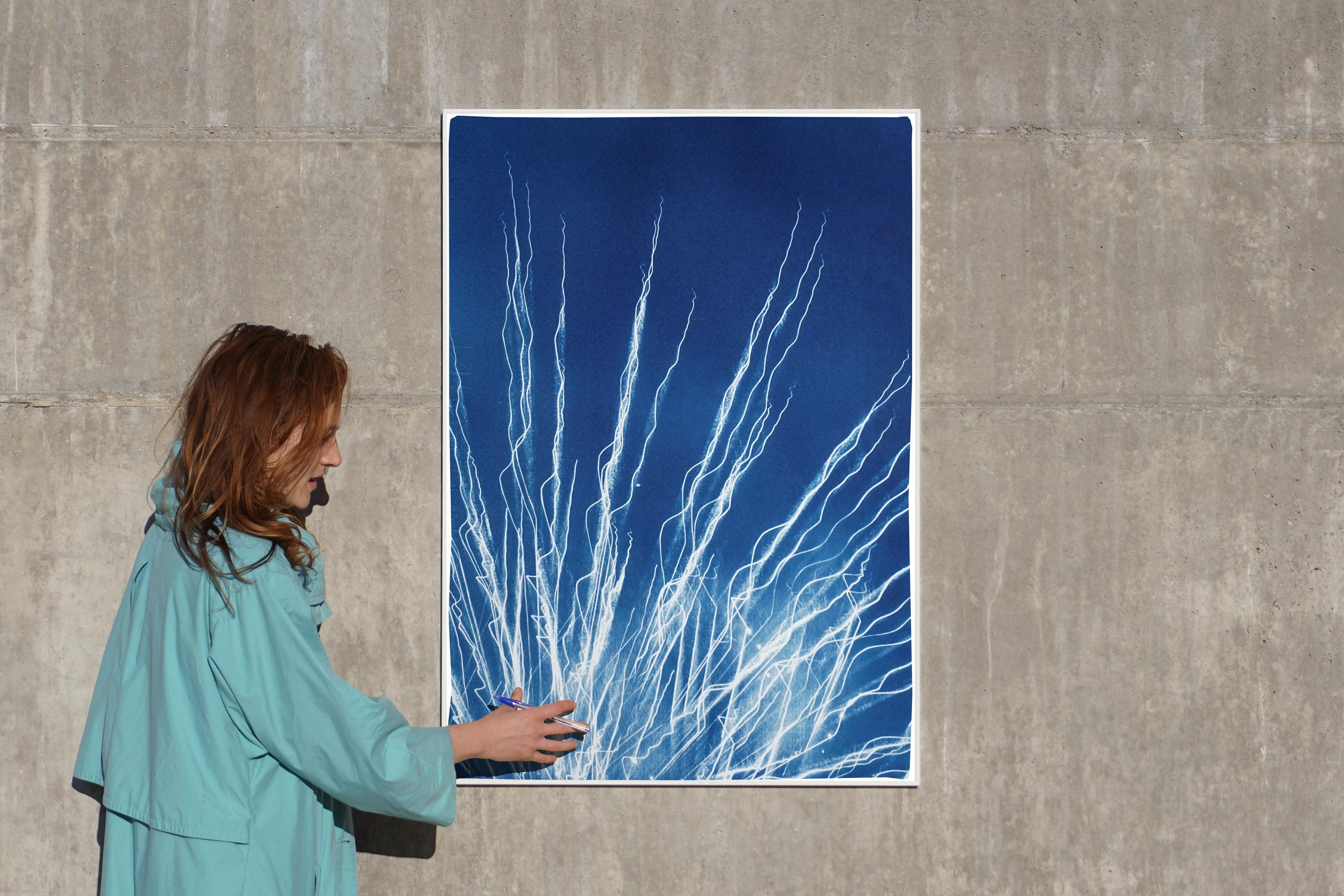 Glowing Fireworks Lights, Blue and White Contemporary Cyanotype on Paper, 2020 2