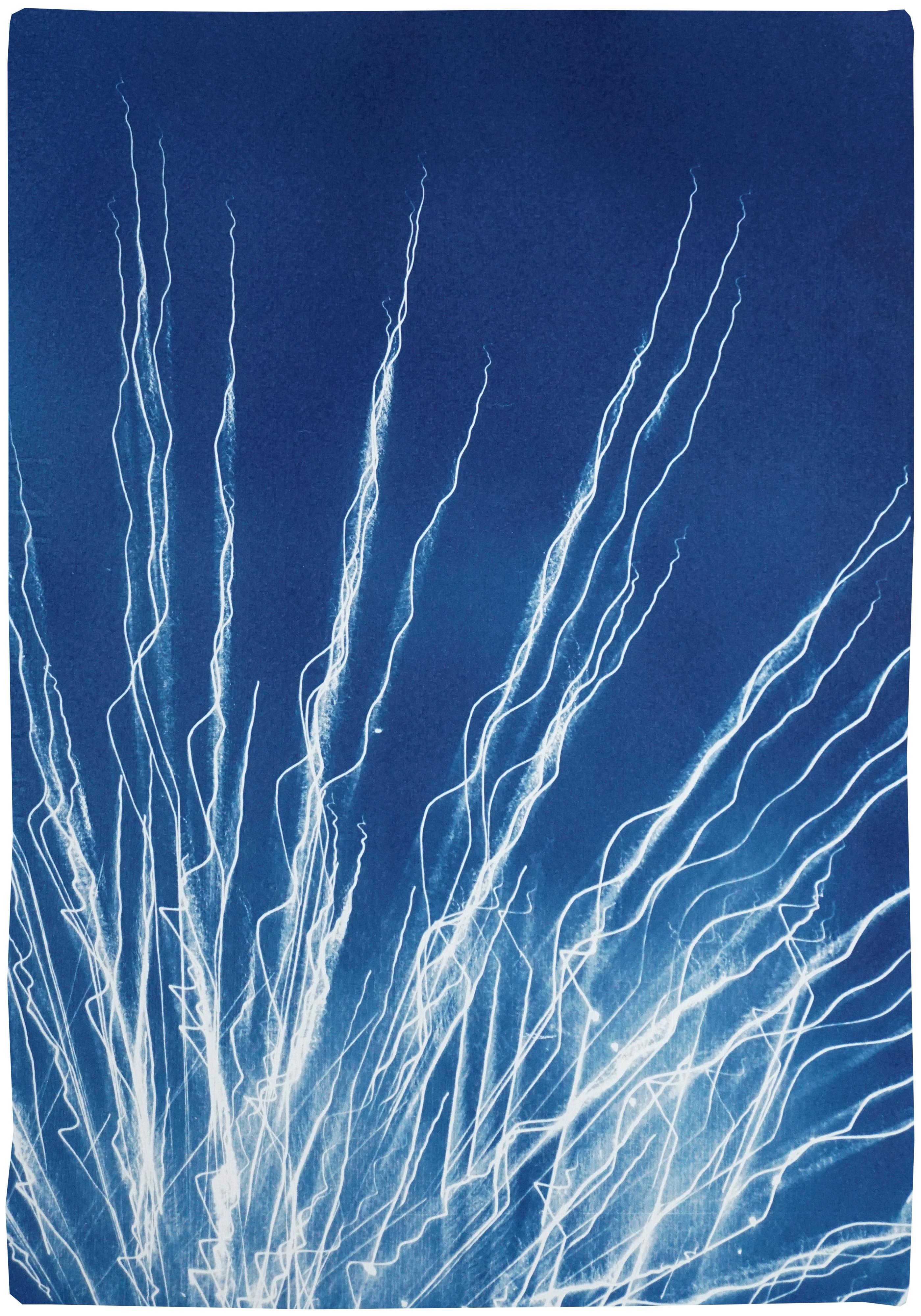 Glowing Fireworks Lights, Blue and White Contemporary Cyanotype on Paper, 2020
