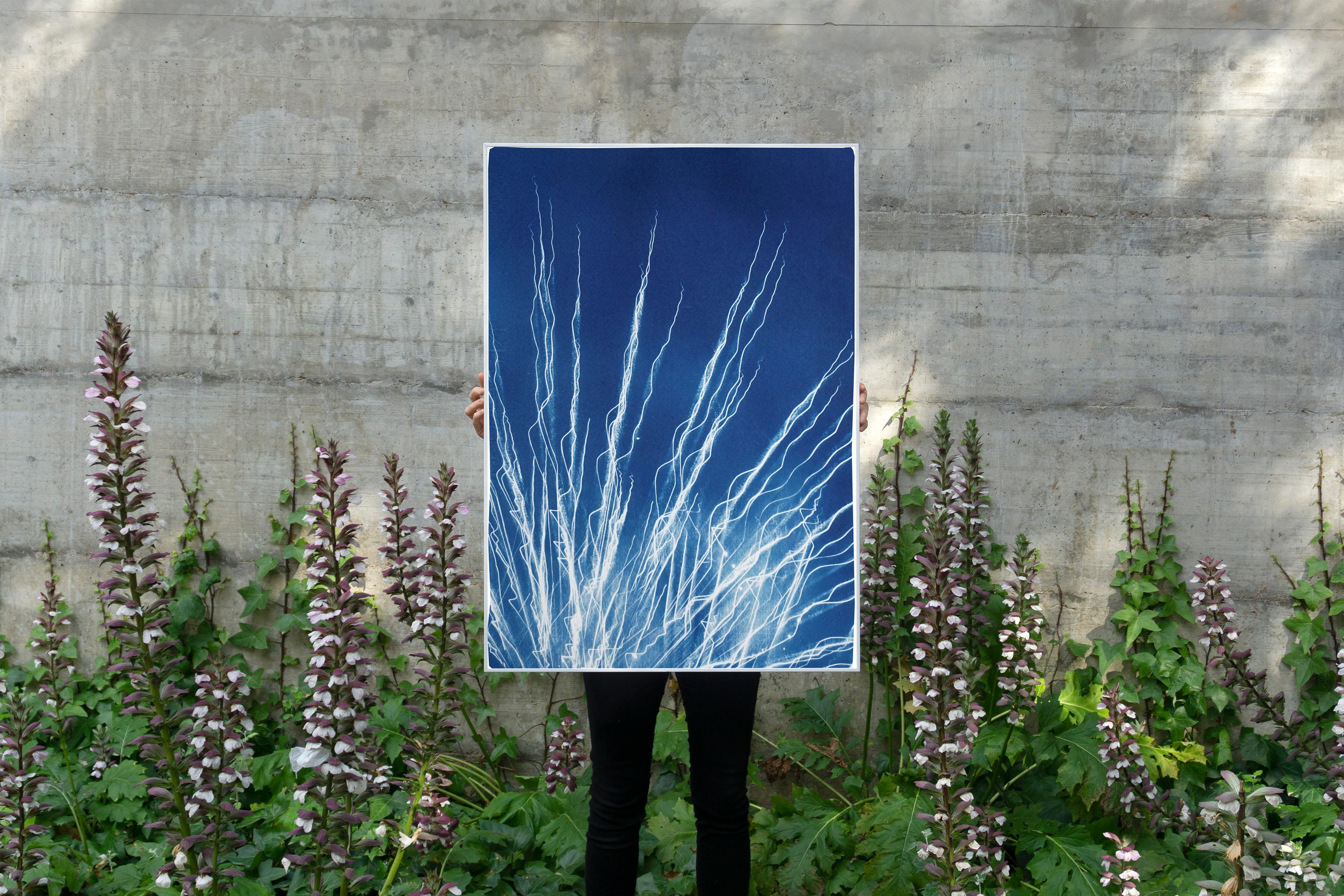 Glowing Fireworks Lights, Electric Blue and White Abstract Shapes, Cyanotype  For Sale 3