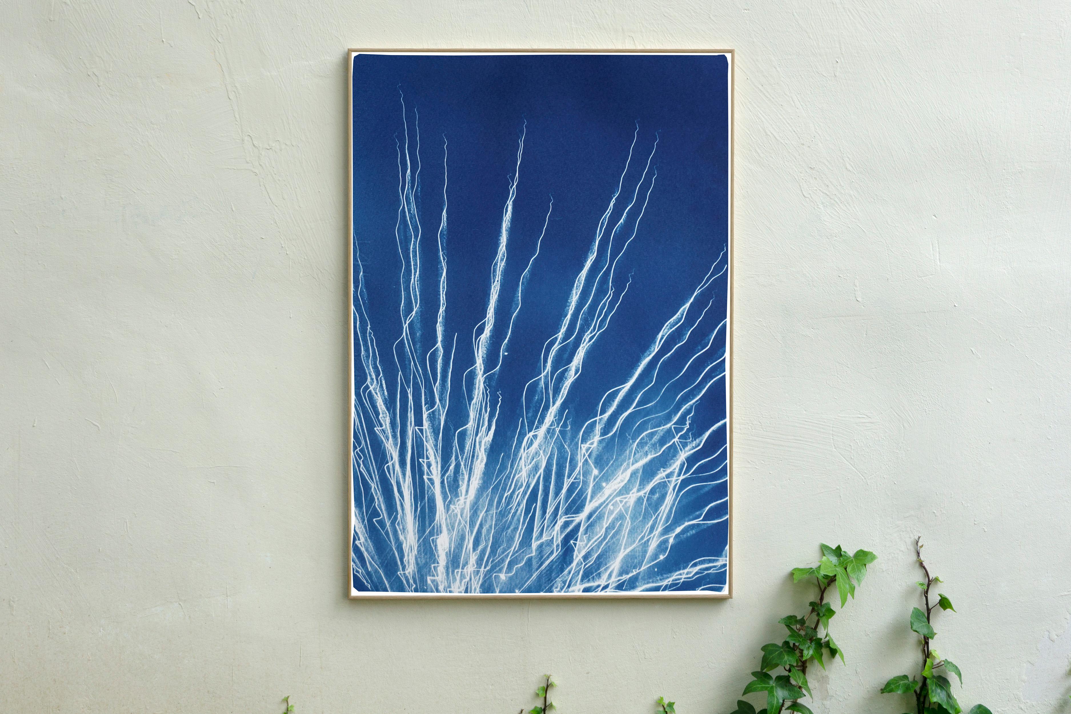 Glowing Fireworks Lights, Electric Blue and White Abstract Shapes, Cyanotype  For Sale 4