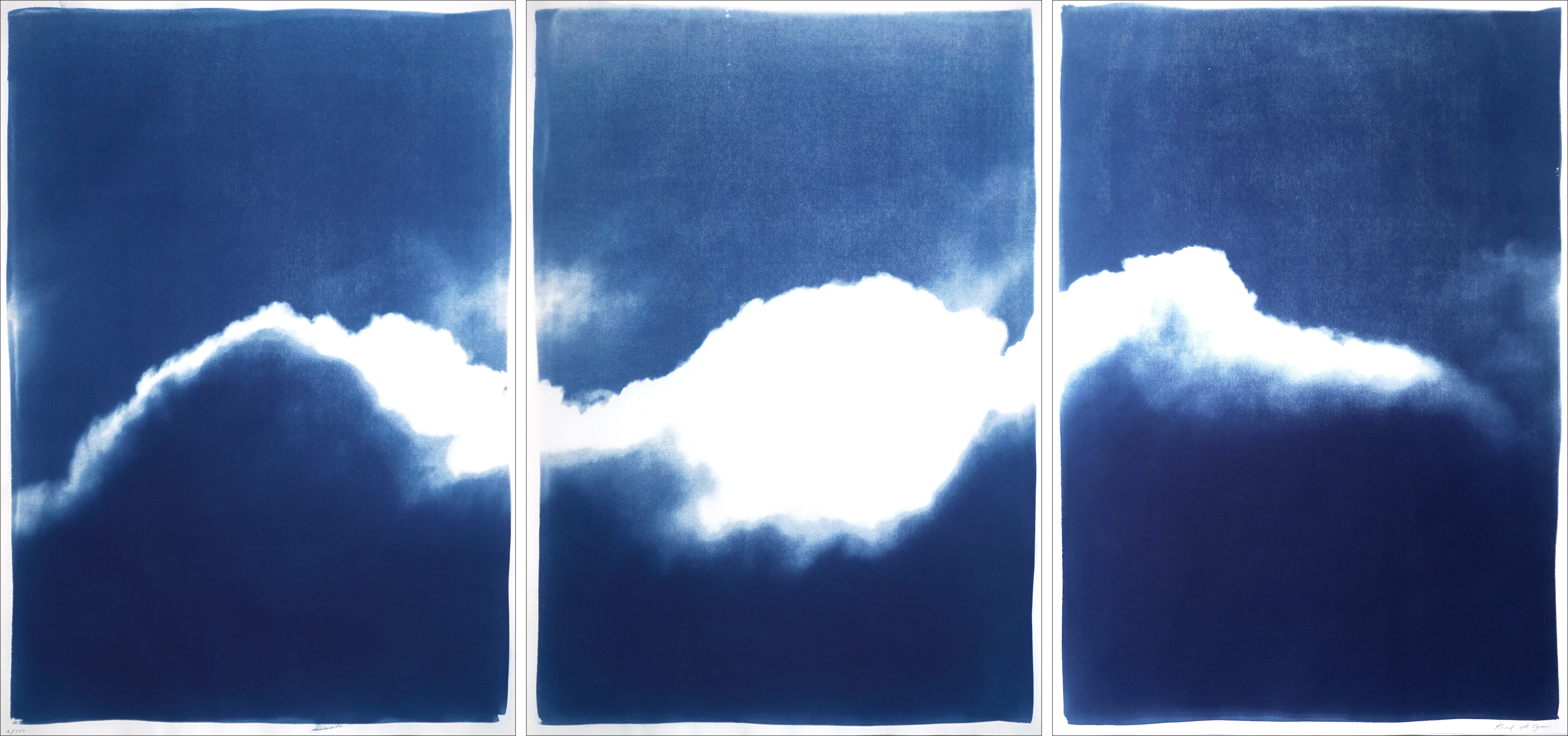 Large Triptych, Waves of Clouds, Deep Blue Cyanotype Print, Pleasant Cloudy Sky