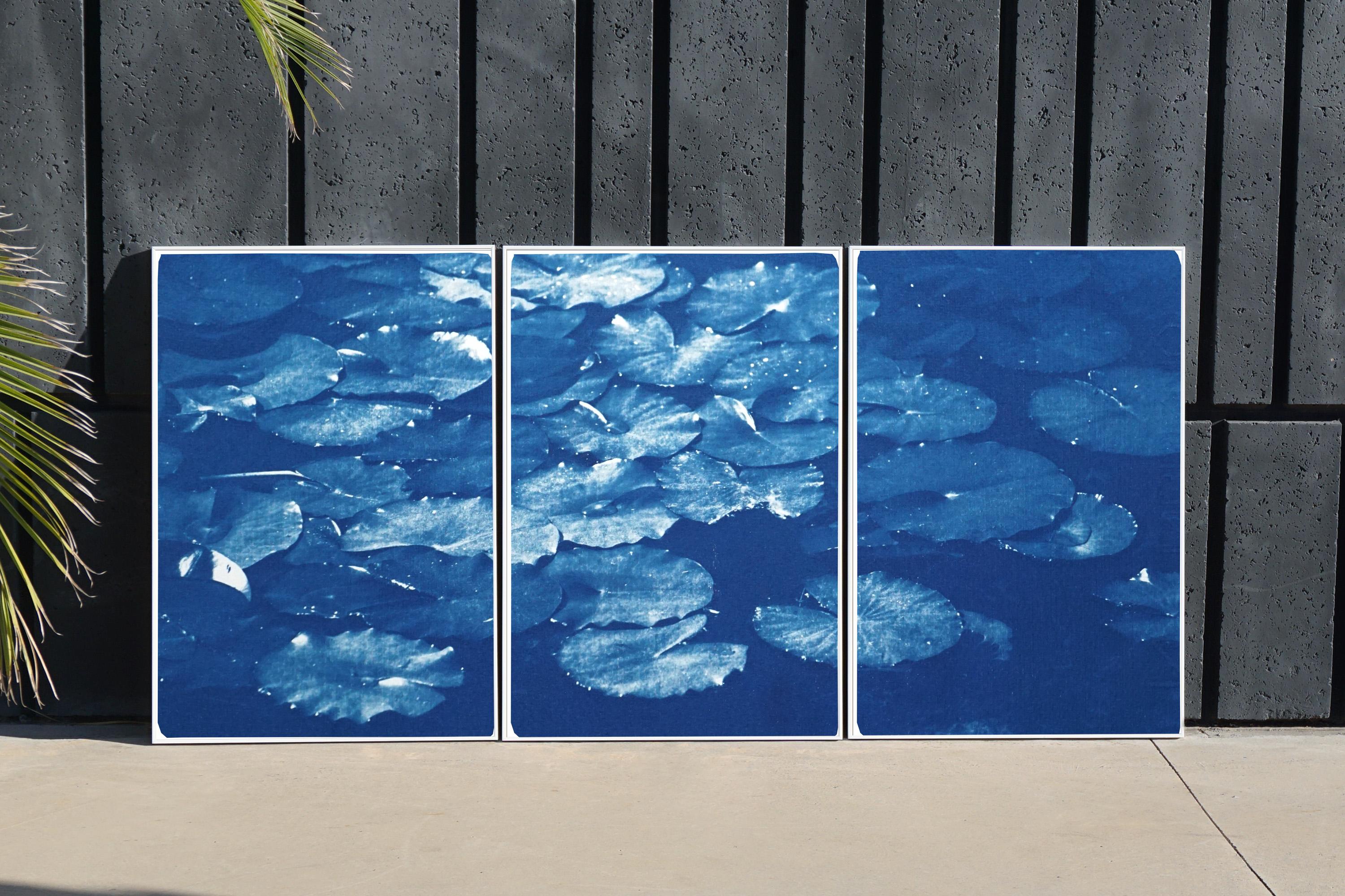 Lilypad Pond Triptych, Large Cyanotype on Watercolor Paper, Zen Blue Landscape - Painting by Kind of Cyan