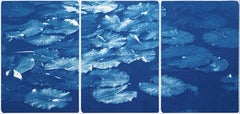 Lilypad Pond Triptych, Large Cyanotype on Watercolor Paper, Zen Blue Landscape
