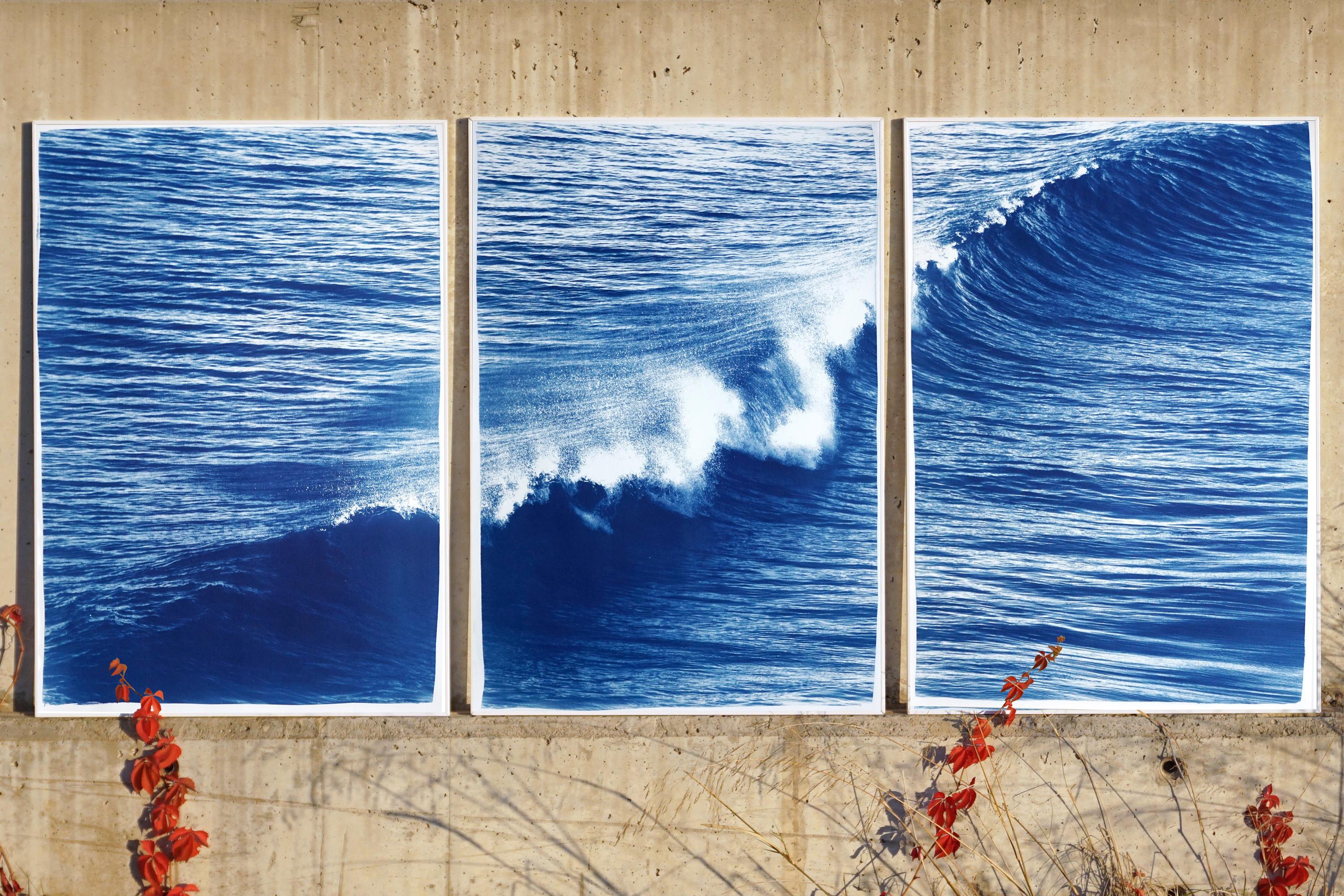 Los Angeles Crashing Waves Triptych, Nautical, Handmade Cyanotype in Blue Tones 5