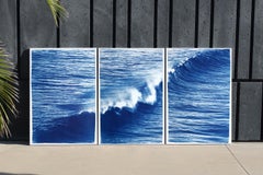 Los Angeles Crashing Waves Triptych, Nautical, Handmade Cyanotype in Blue Tones
