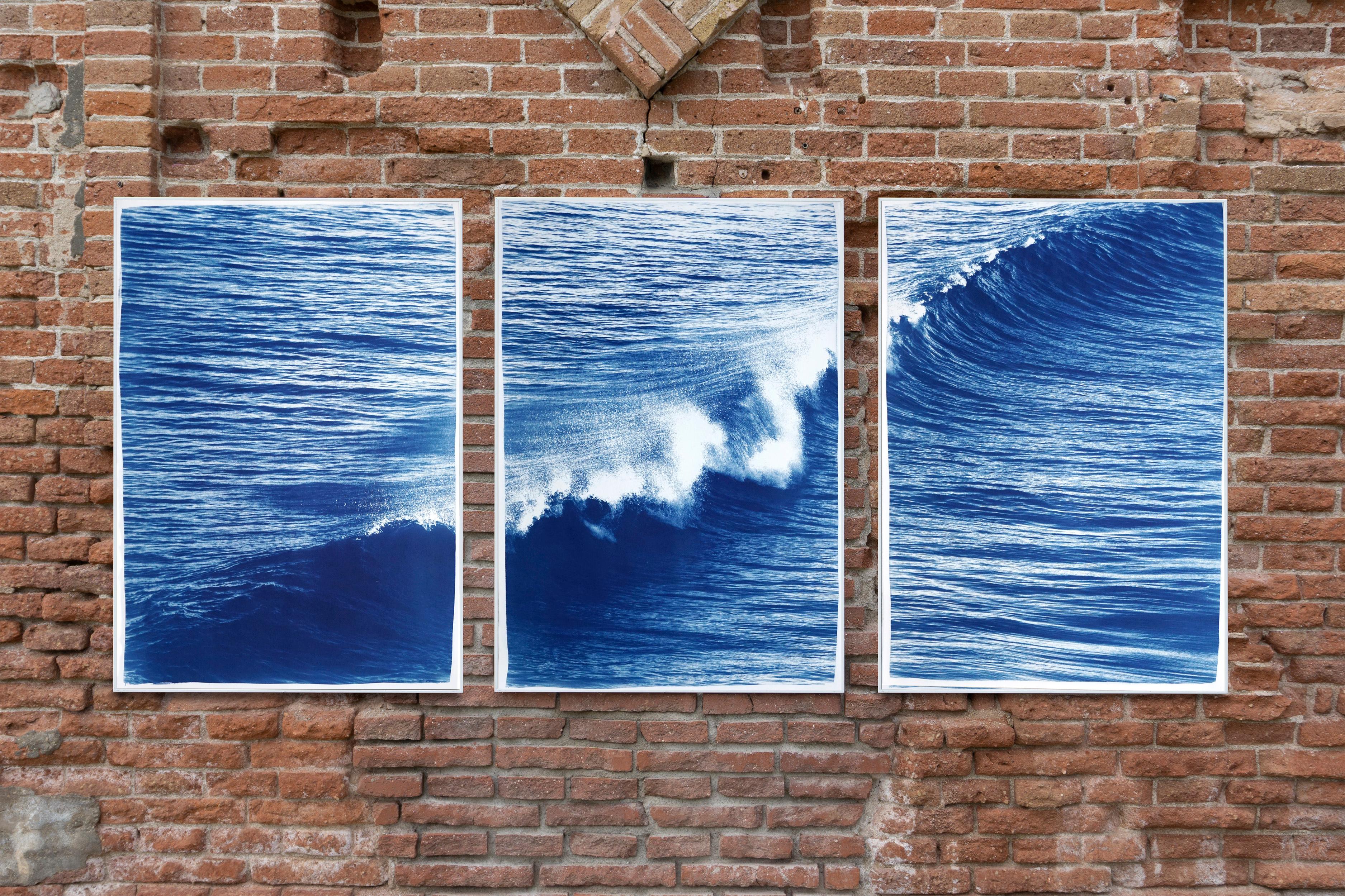 Los Angeles Crashing Waves Triptych, Nautical, Handmade Cyanotype in Blue Tones 1
