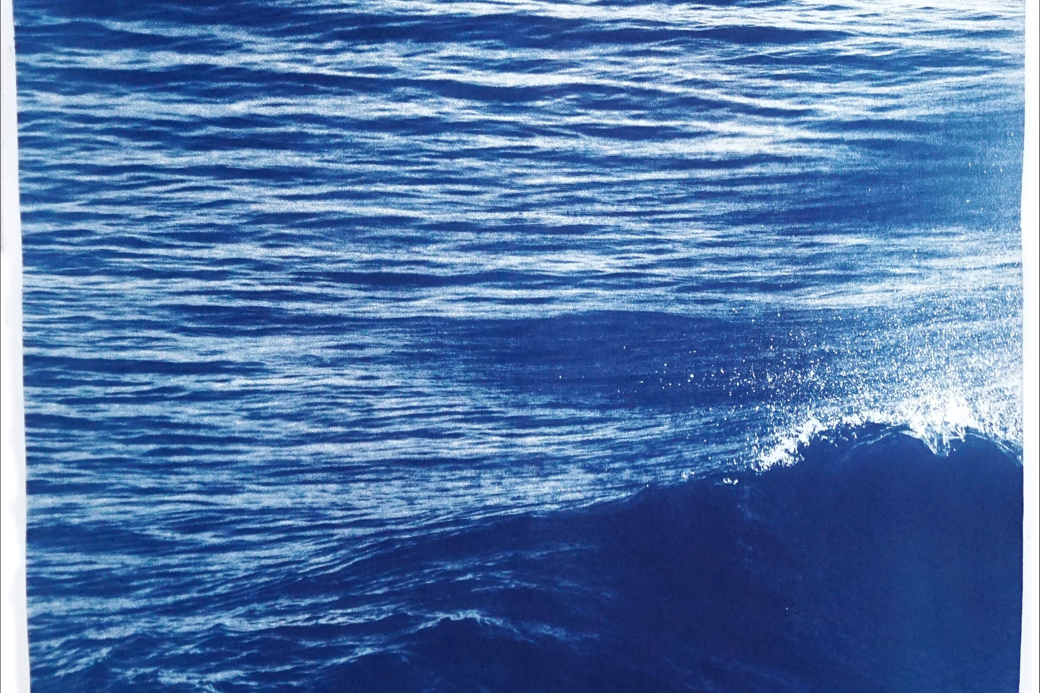 Los Angeles Crashing Waves Triptych, Nautical, Handmade Cyanotype in Blue Tones 2