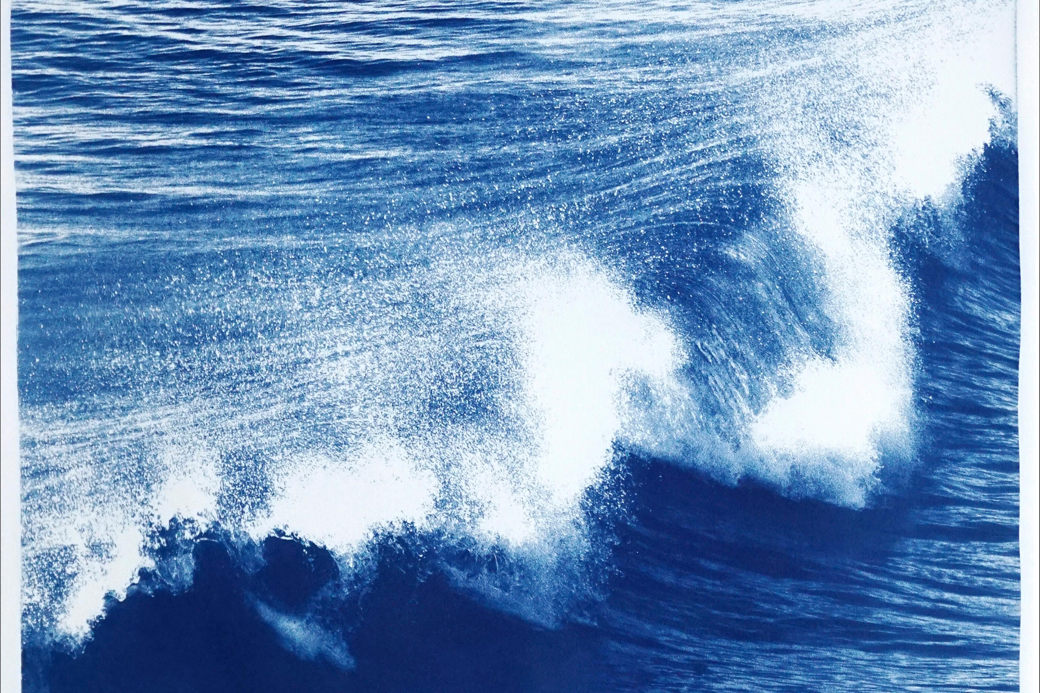 Los Angeles Crashing Waves Triptych, Nautical, Handmade Cyanotype in Blue Tones 3