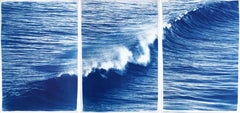Triptyque de vagues ondulantes de Los Angeles, cyanotype nautique, fait à la main dans les tons bleus