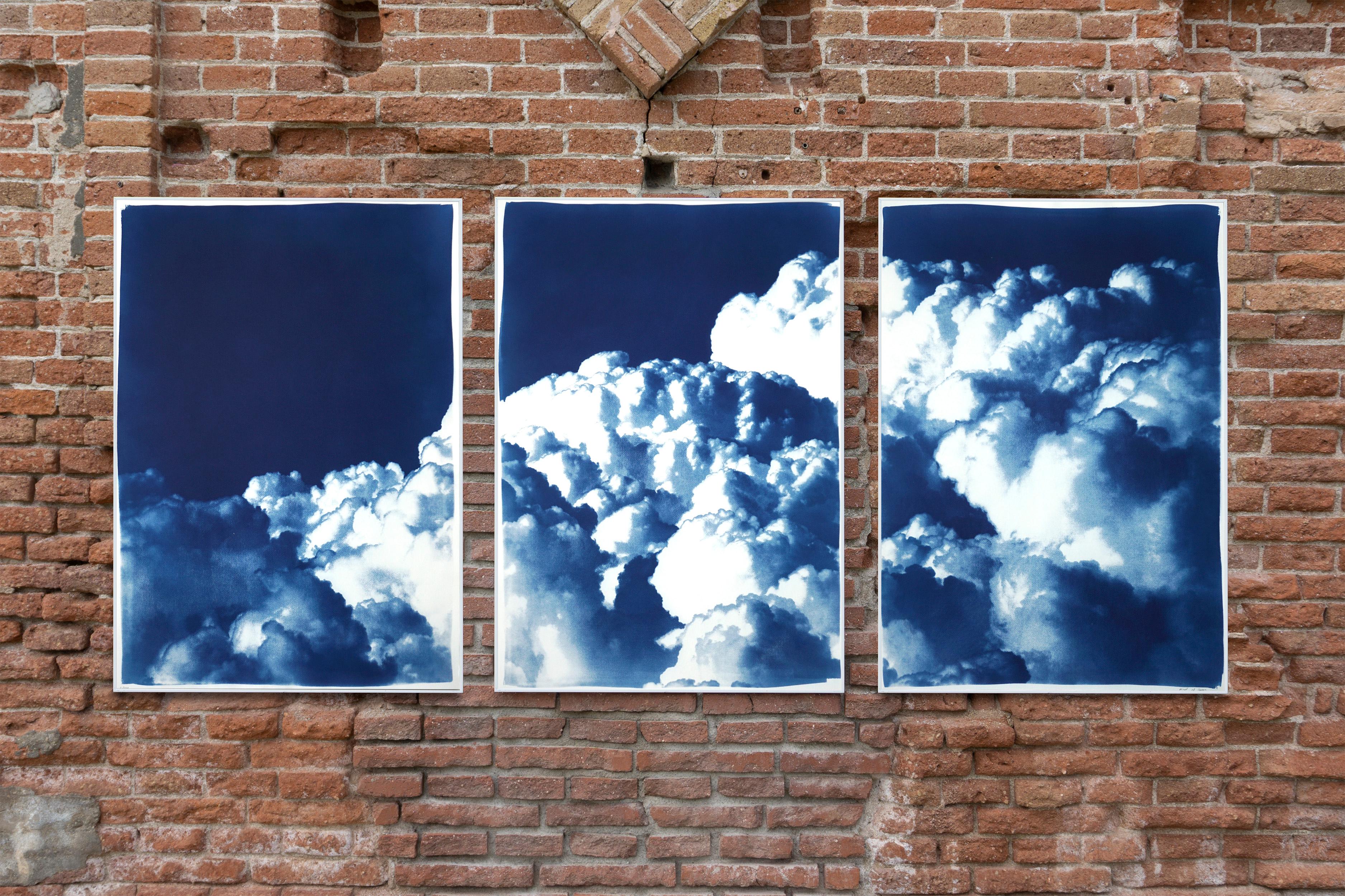 Multipanel Triptych, Serene Gorgeous Clouds, Handmade Cyanotype, Blue and White For Sale 4