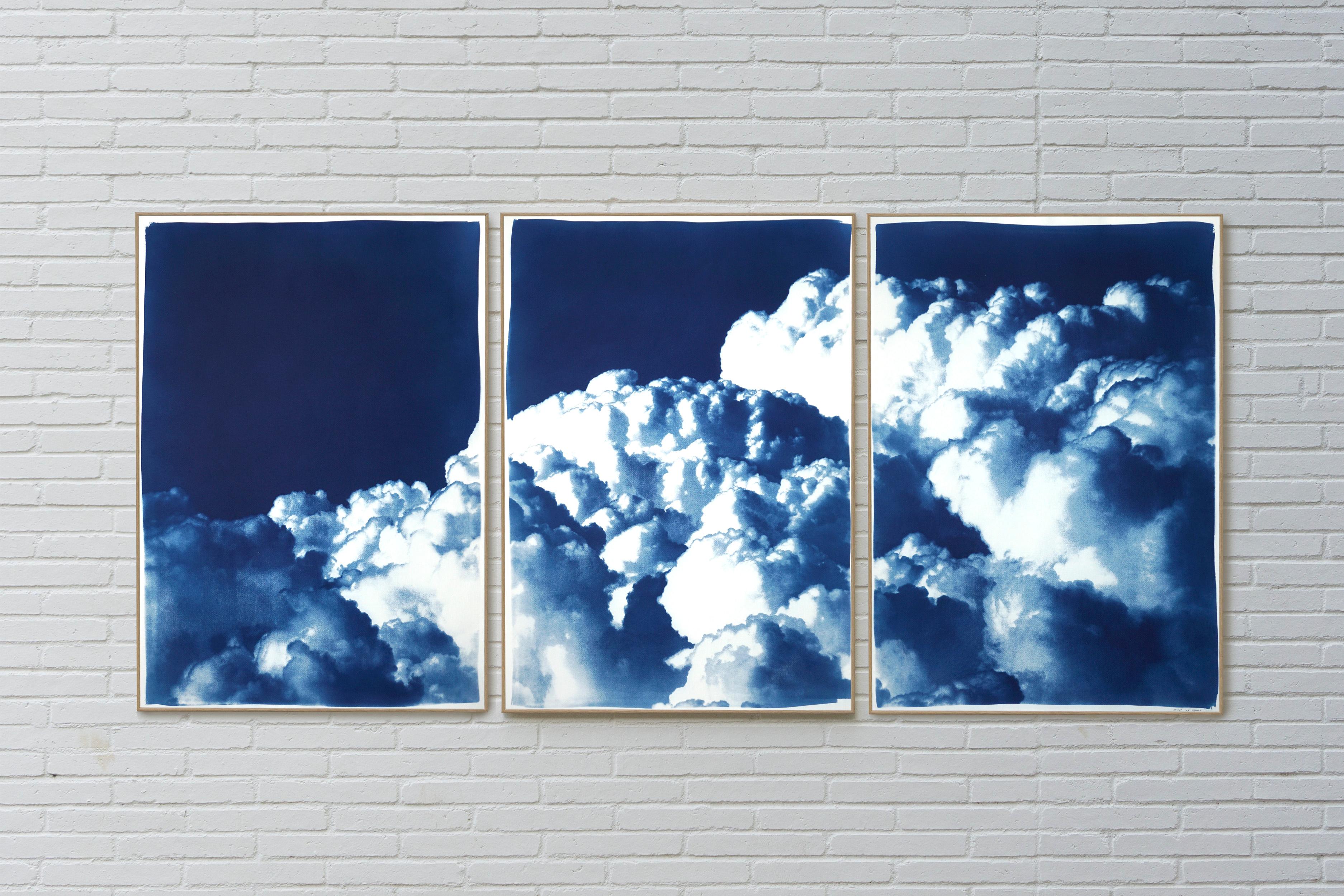 Multipanel Triptych, Serene Gorgeous Clouds, Handmade Cyanotype, Blue and White For Sale 5