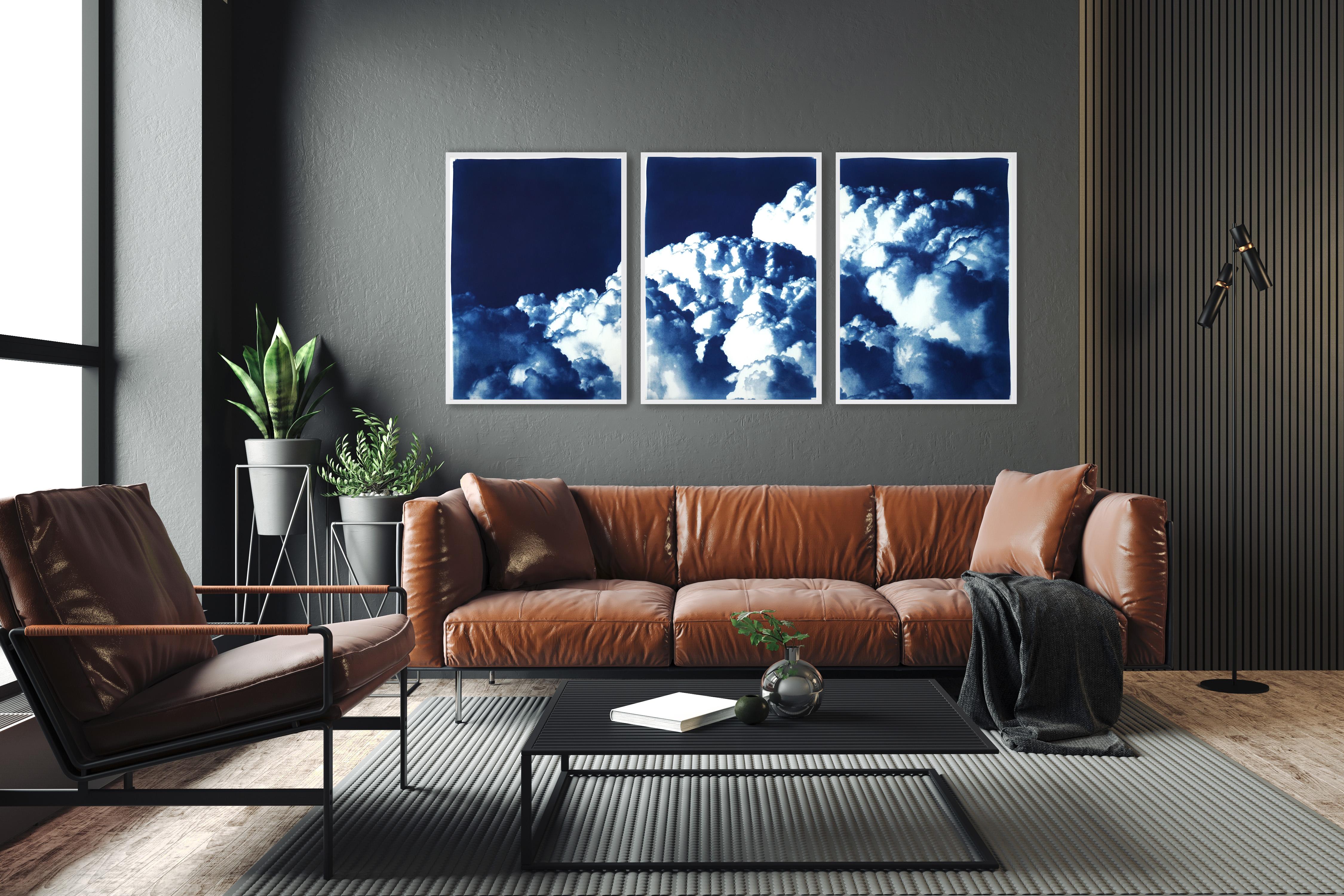 Multipanel Triptych, Serene Gorgeous Clouds, Handmade Cyanotype, Blue and White - Print by Kind of Cyan